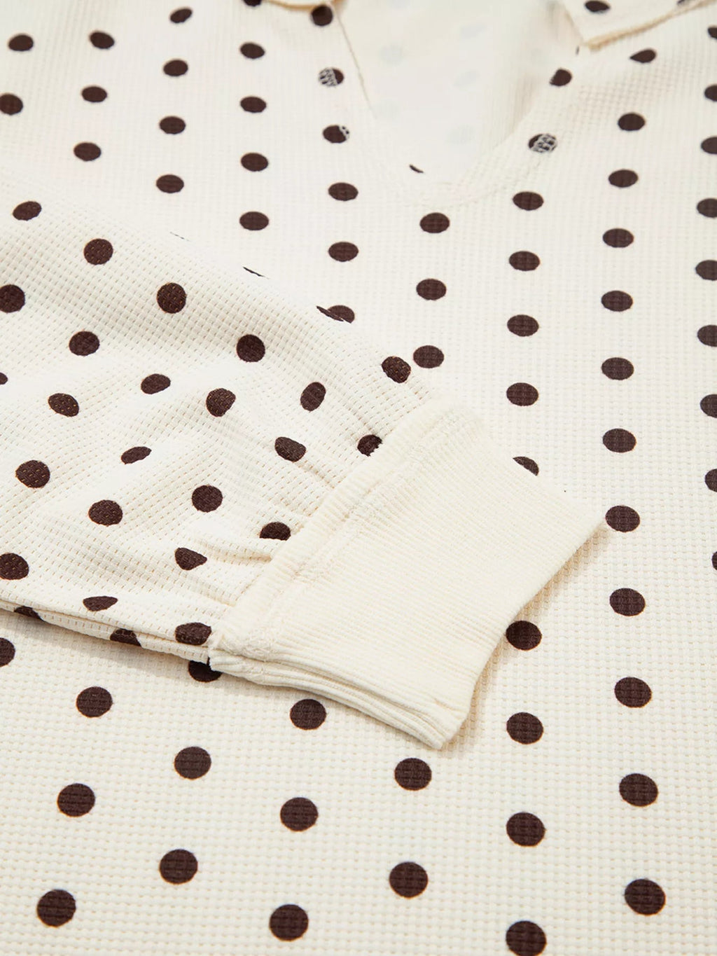Polka Dot Notched Long Sleeve Top and Drawstring Joggers Lounge Set - Goddess Vibes
