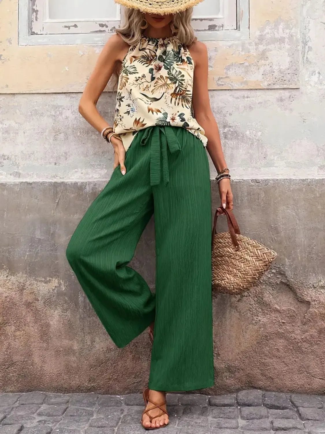 Printed Tank Top and Wide Leg Pants Set - Goddess Vibes