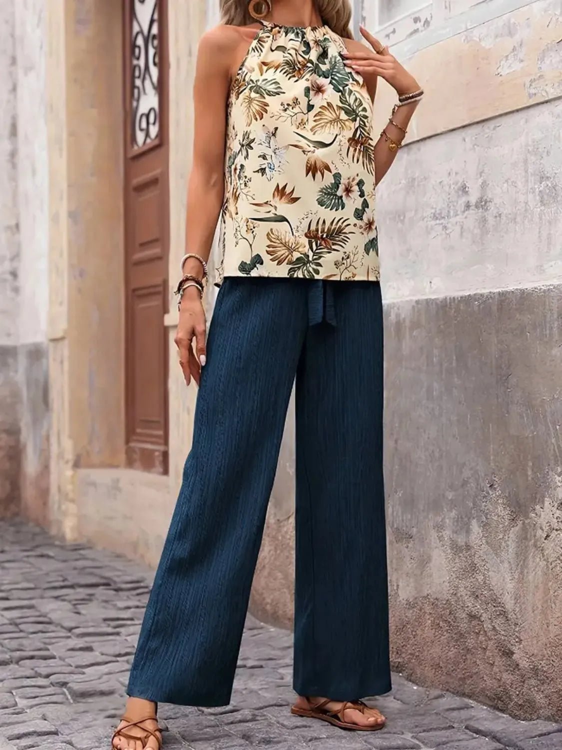Printed Tank Top and Wide Leg Pants Set - Goddess Vibes