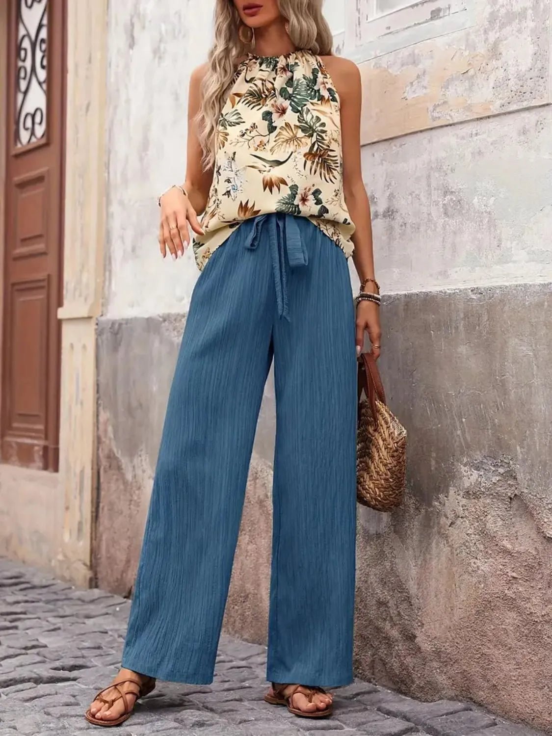 Printed Tank Top and Wide Leg Pants Set - Goddess Vibes