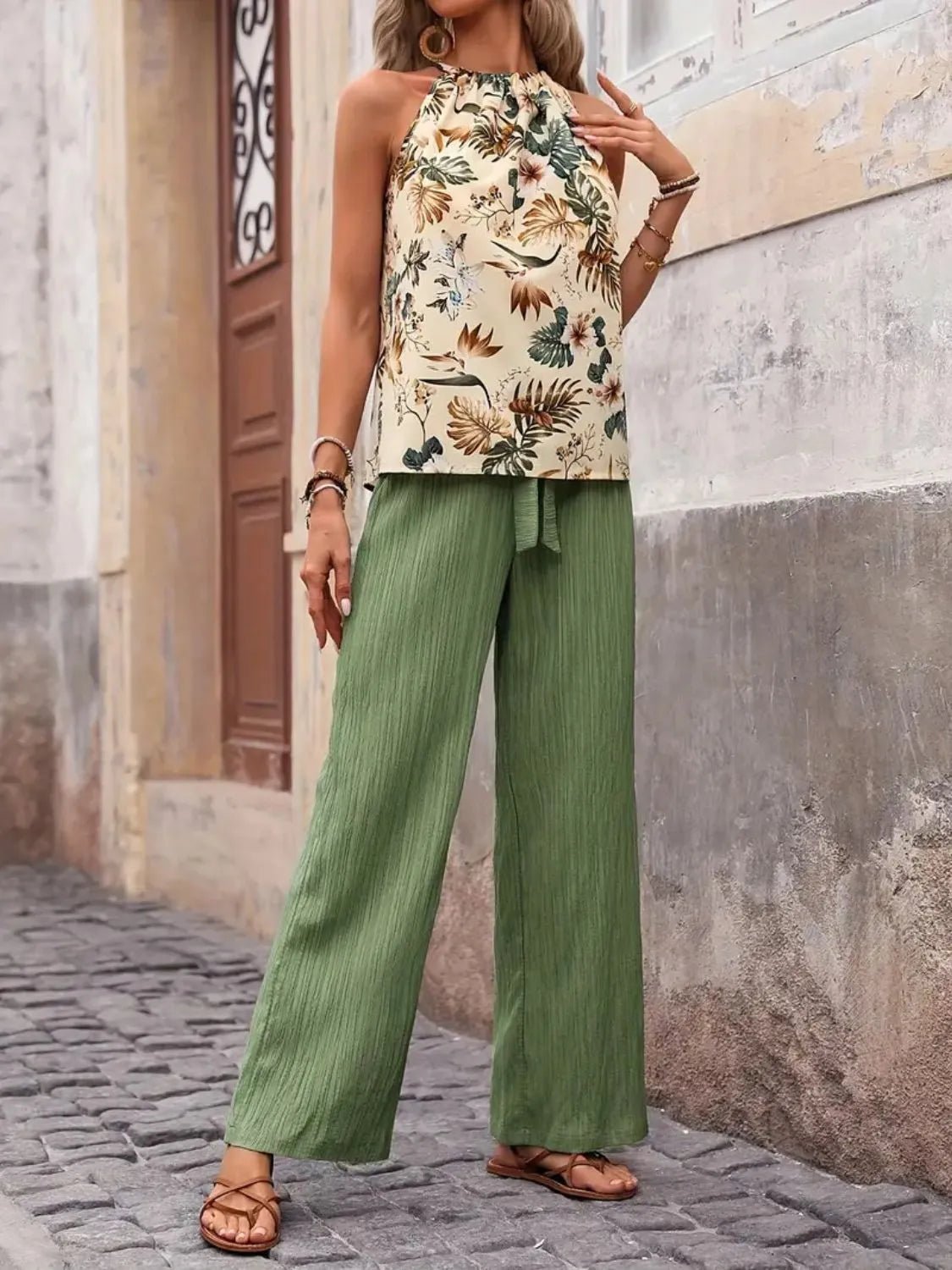 Printed Tank Top and Wide Leg Pants Set - Goddess Vibes