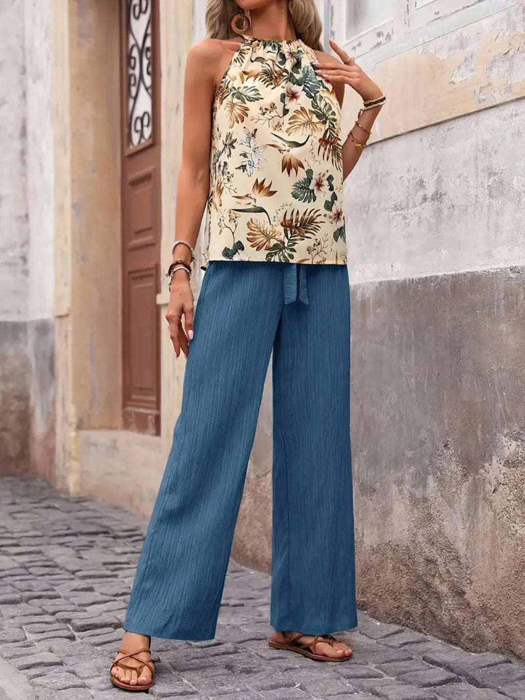 Printed Tank Top and Wide Leg Pants Set - Goddess Vibes