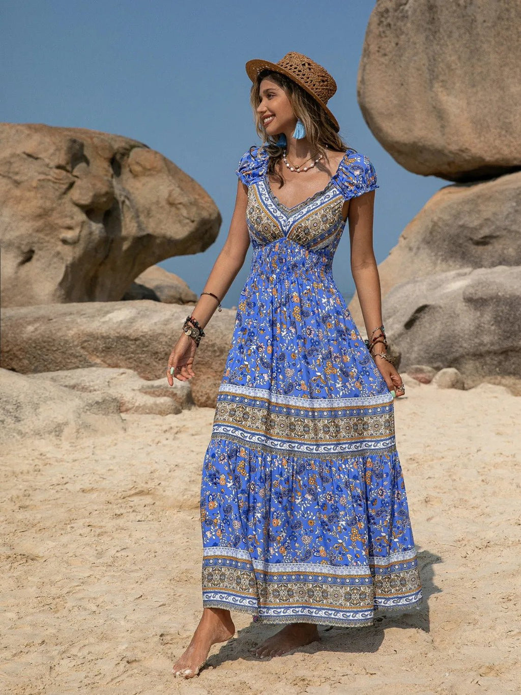 Printed V - Neck Cap Sleeve Midi Dress - Goddess Vibes