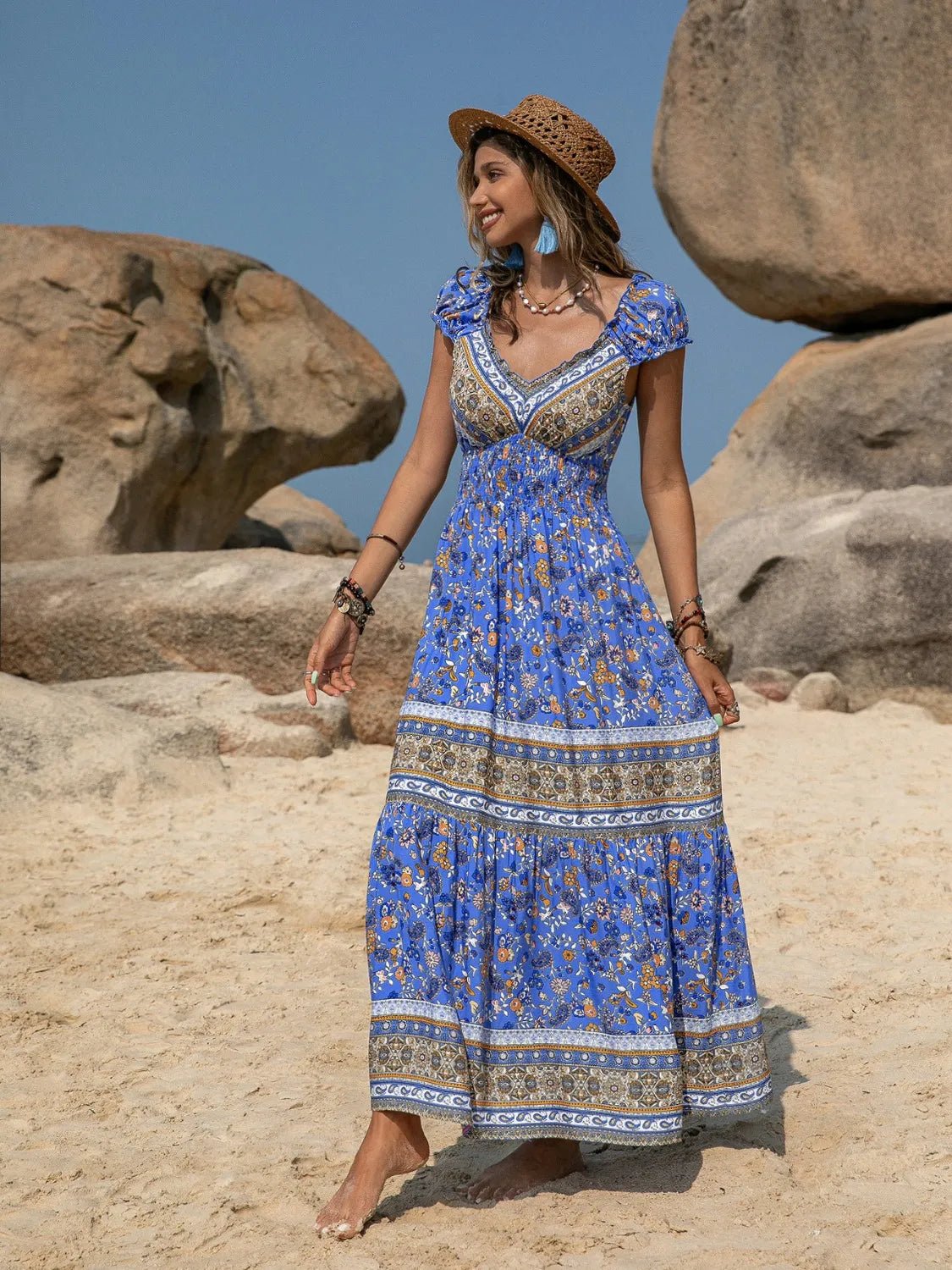 Printed V - Neck Cap Sleeve Midi Dress - Goddess Vibes