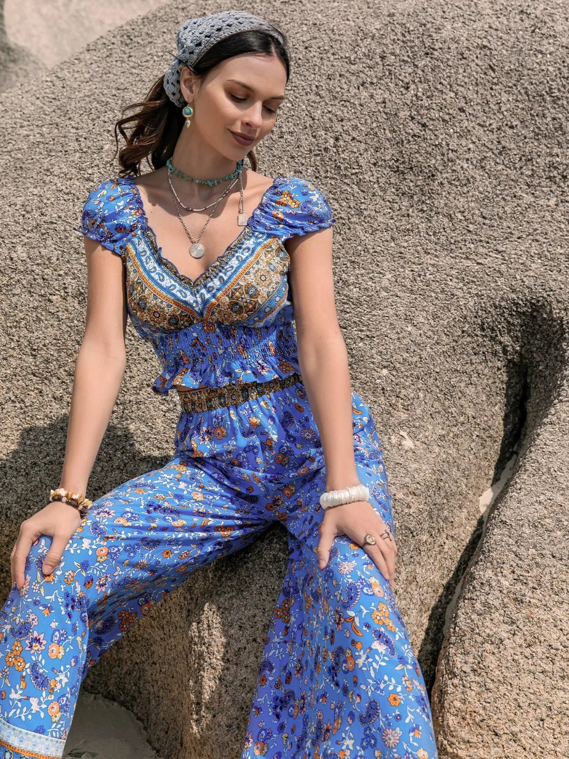 Printed V - Neck Top and Pants Set - Goddess Vibes