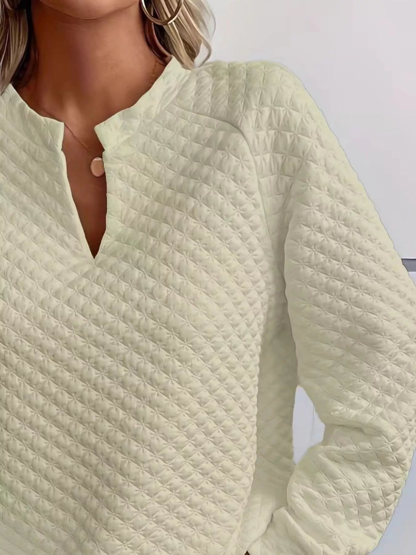 Quilted Texture Long Sleeve Sweatshirt with Notched Neck - Goddess Vibes