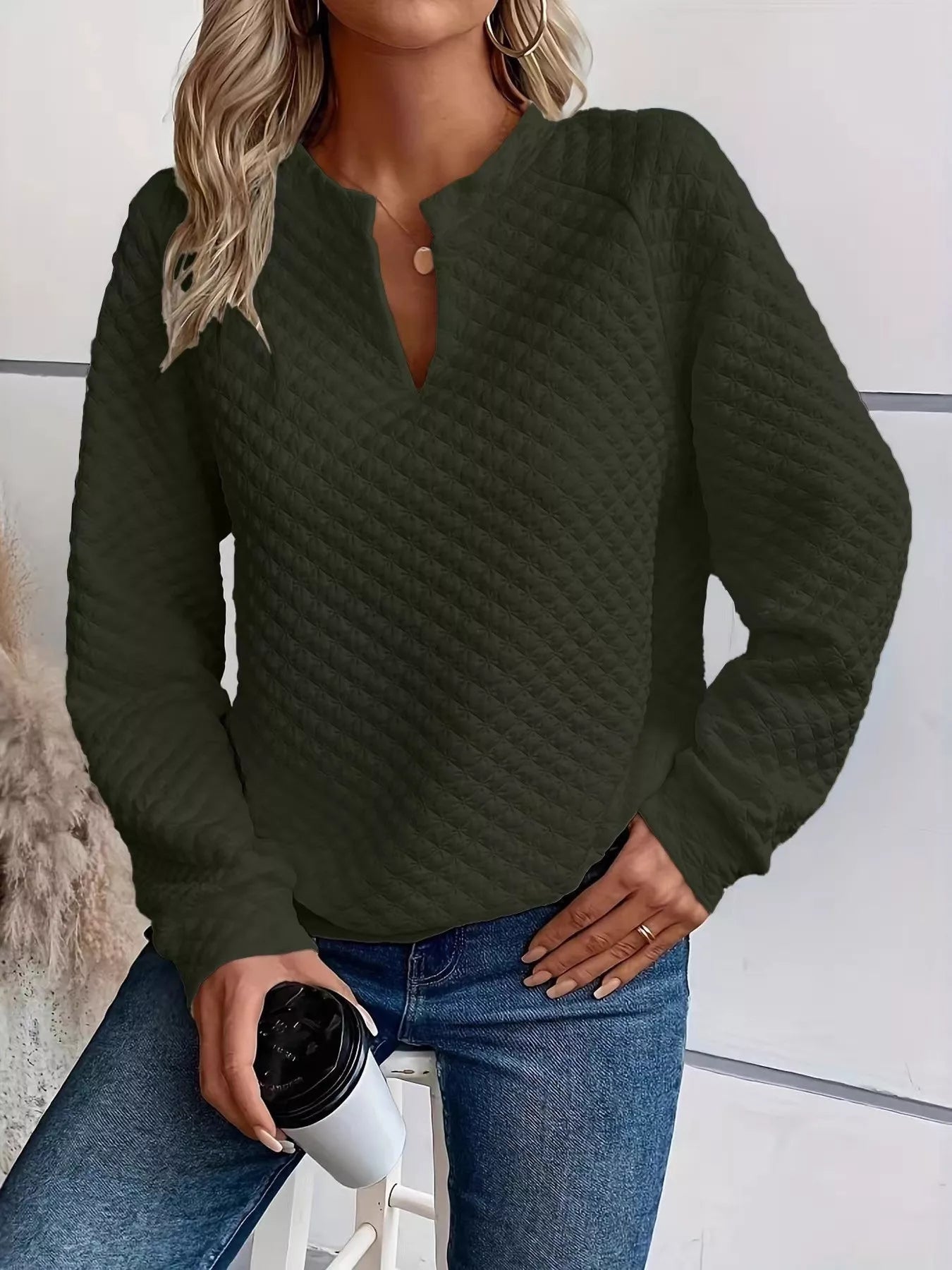 Quilted Texture Long Sleeve Sweatshirt with Notched Neck - Goddess Vibes