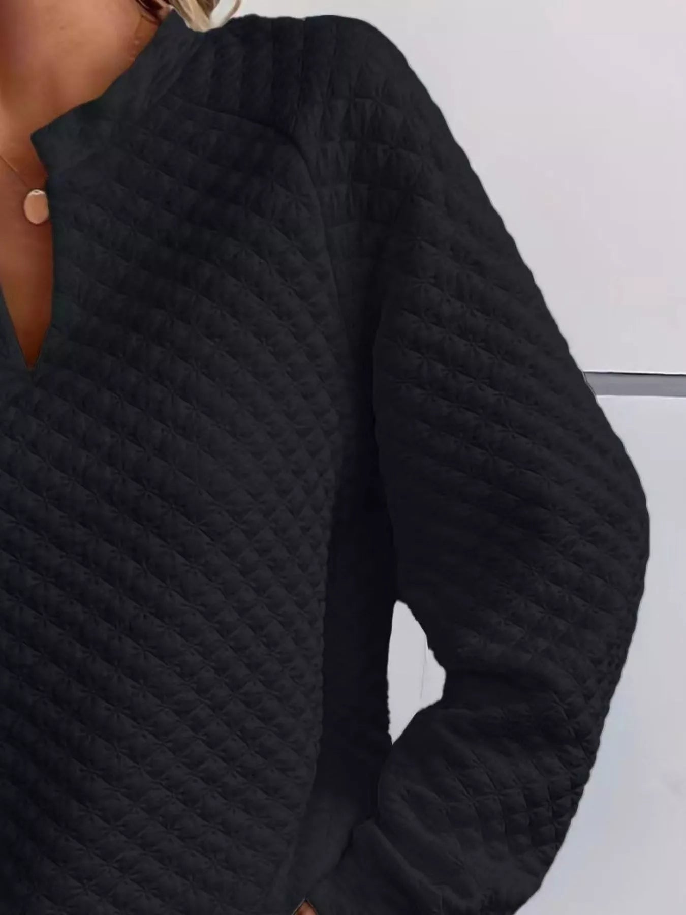 Quilted Texture Long Sleeve Sweatshirt with Notched Neck - Goddess Vibes