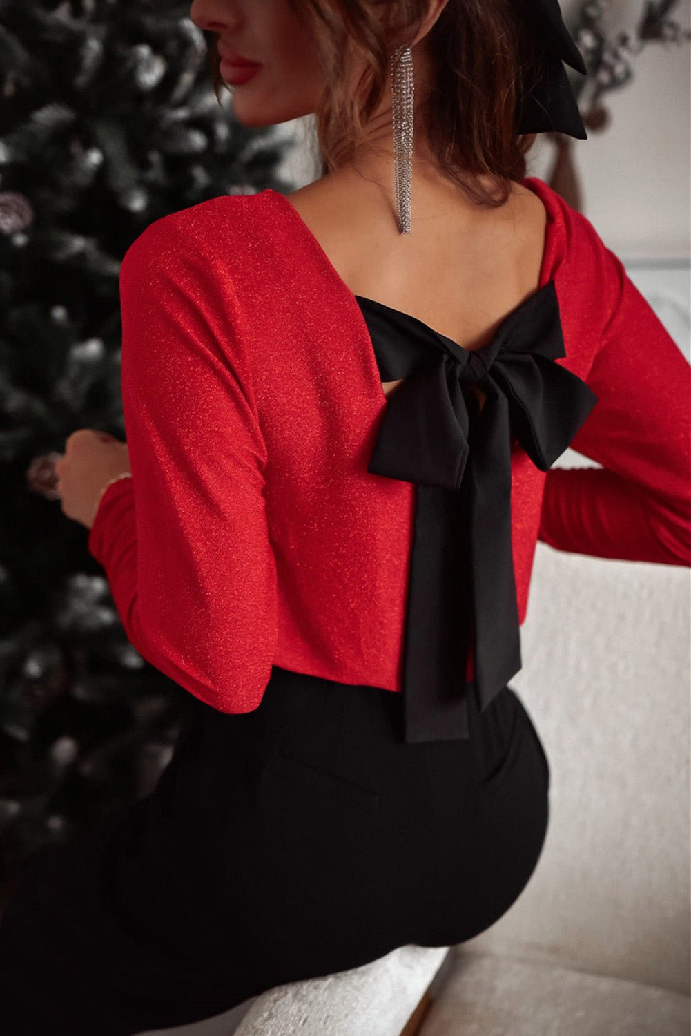 Racing Red Metallic Bowknot Open Back V Neck Top - Goddess Vibes