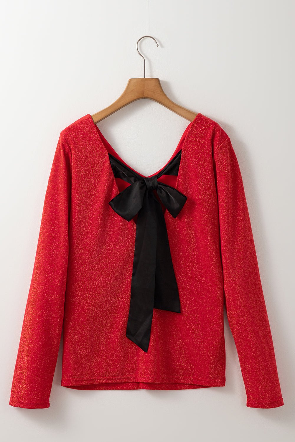 Racing Red Metallic Bowknot Open Back V Neck Top - Goddess Vibes