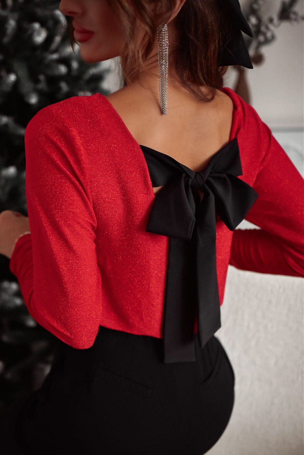Racing Red Metallic Bowknot Open Back V Neck Top - Goddess Vibes