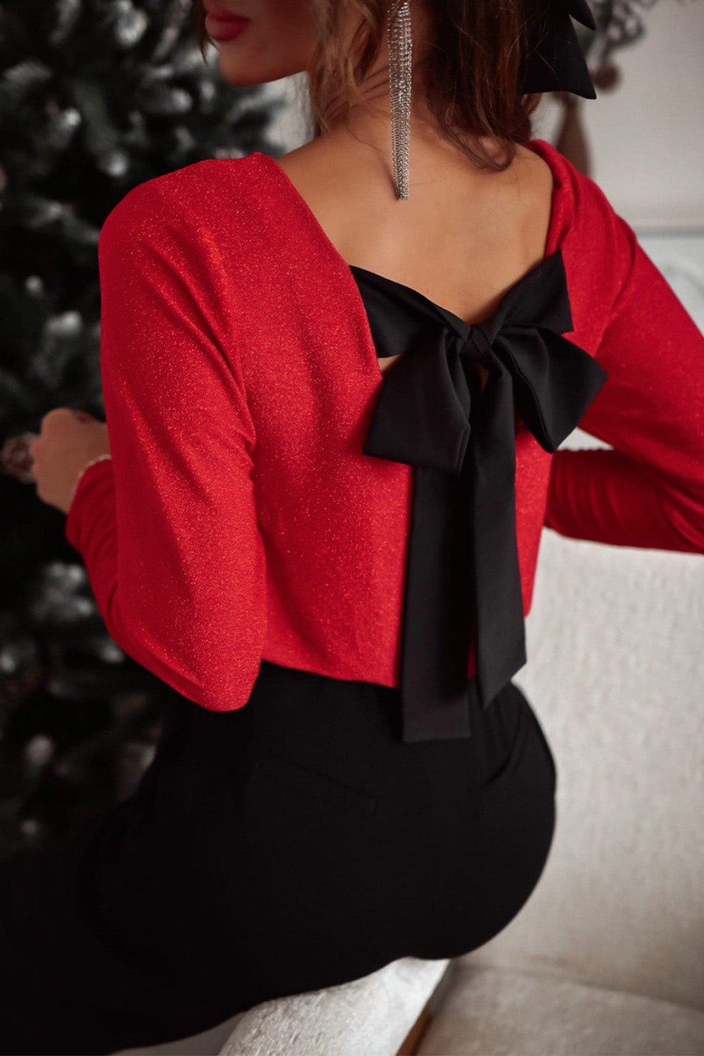 Racing Red Metallic Bowknot Open Back V Neck Top - Goddess Vibes