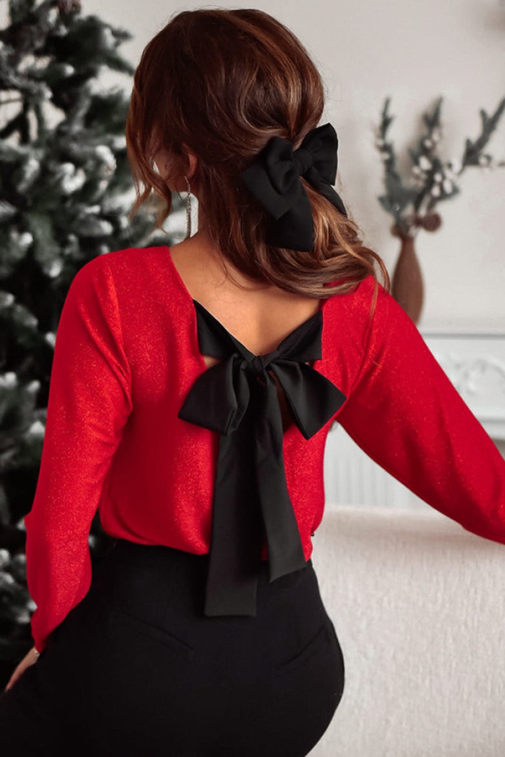 Racing Red Metallic Bowknot Open Back V Neck Top - Goddess Vibes