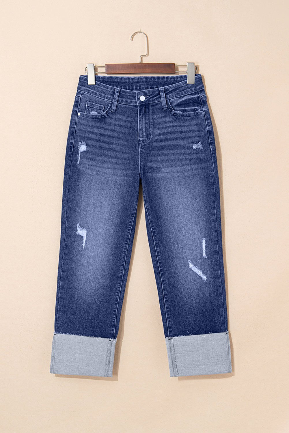 Real Teal Folded Cuffs Distressed Straight High Waist Jeans - Goddess Vibes