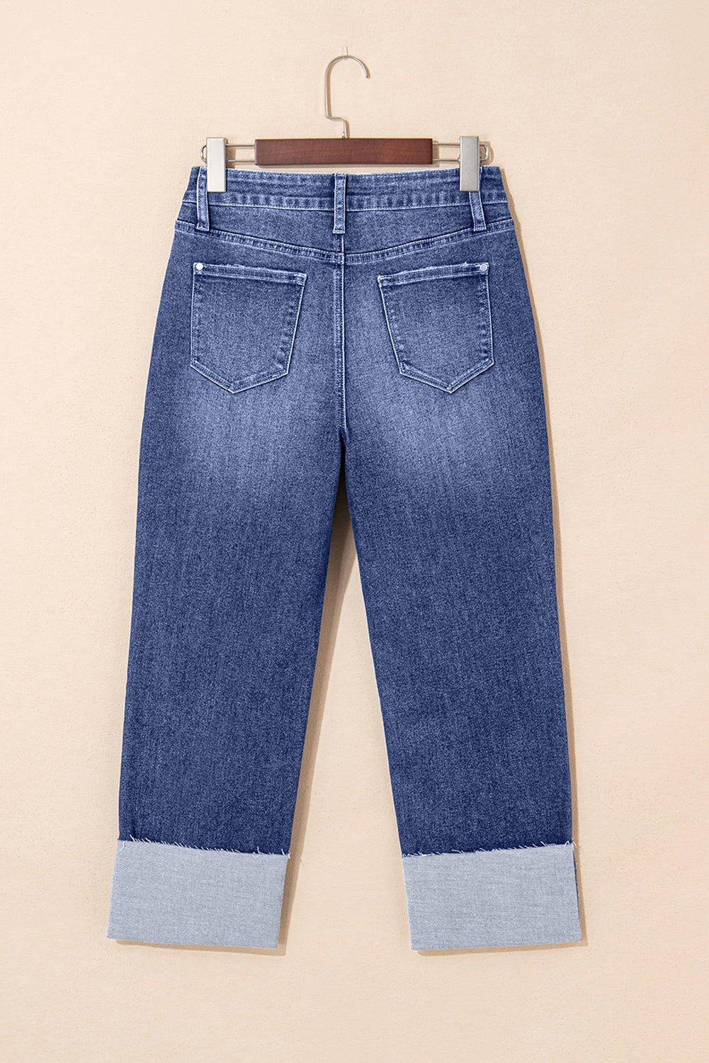Real Teal Folded Cuffs Distressed Straight High Waist Jeans - Goddess Vibes
