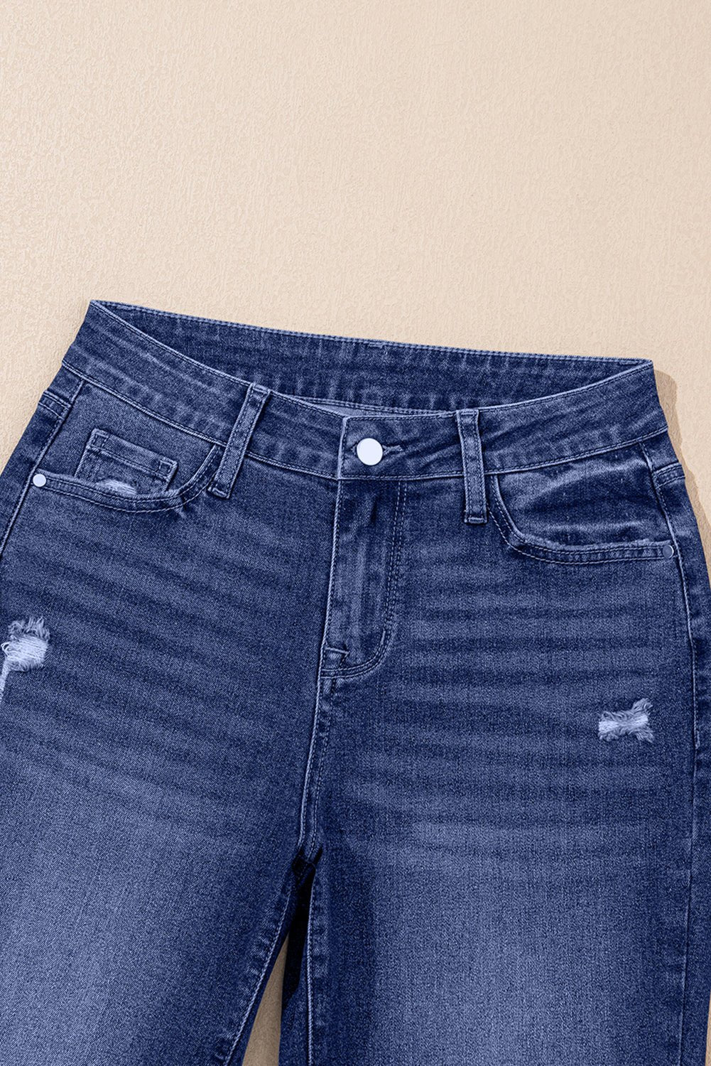 Real Teal Folded Cuffs Distressed Straight High Waist Jeans - Goddess Vibes