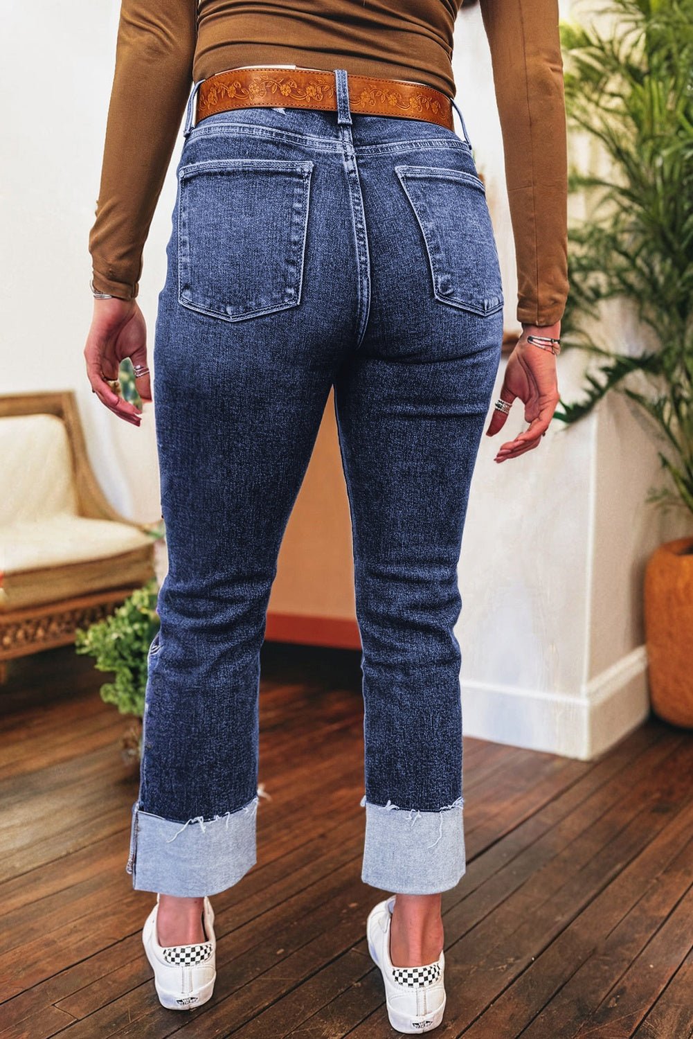 Real Teal Folded Cuffs Distressed Straight High Waist Jeans - Goddess Vibes