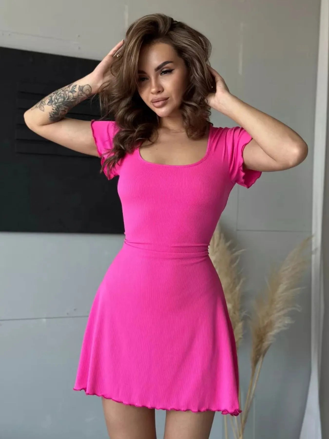 Ribbed Back Lace Up Short Sleeve Mini Dress - Goddess Vibes