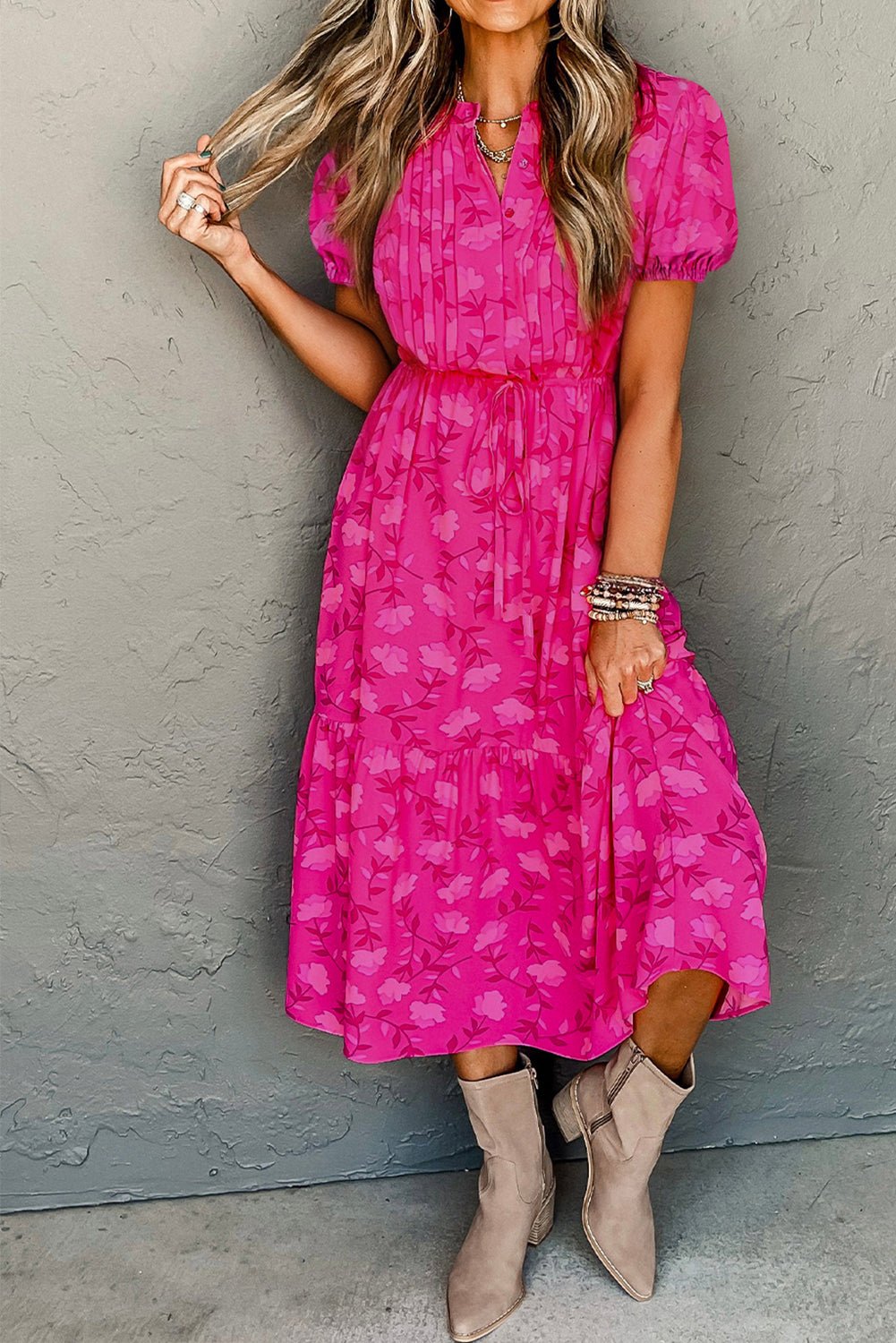 Rose Red Floral Print Pleated Drawstring Flowy Midi Dress - Goddess Vibes