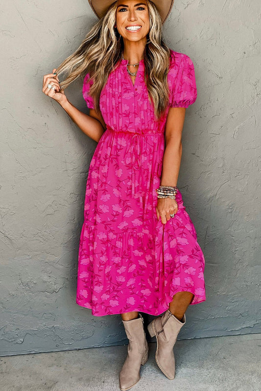 Rose Red Floral Print Pleated Drawstring Flowy Midi Dress - Goddess Vibes