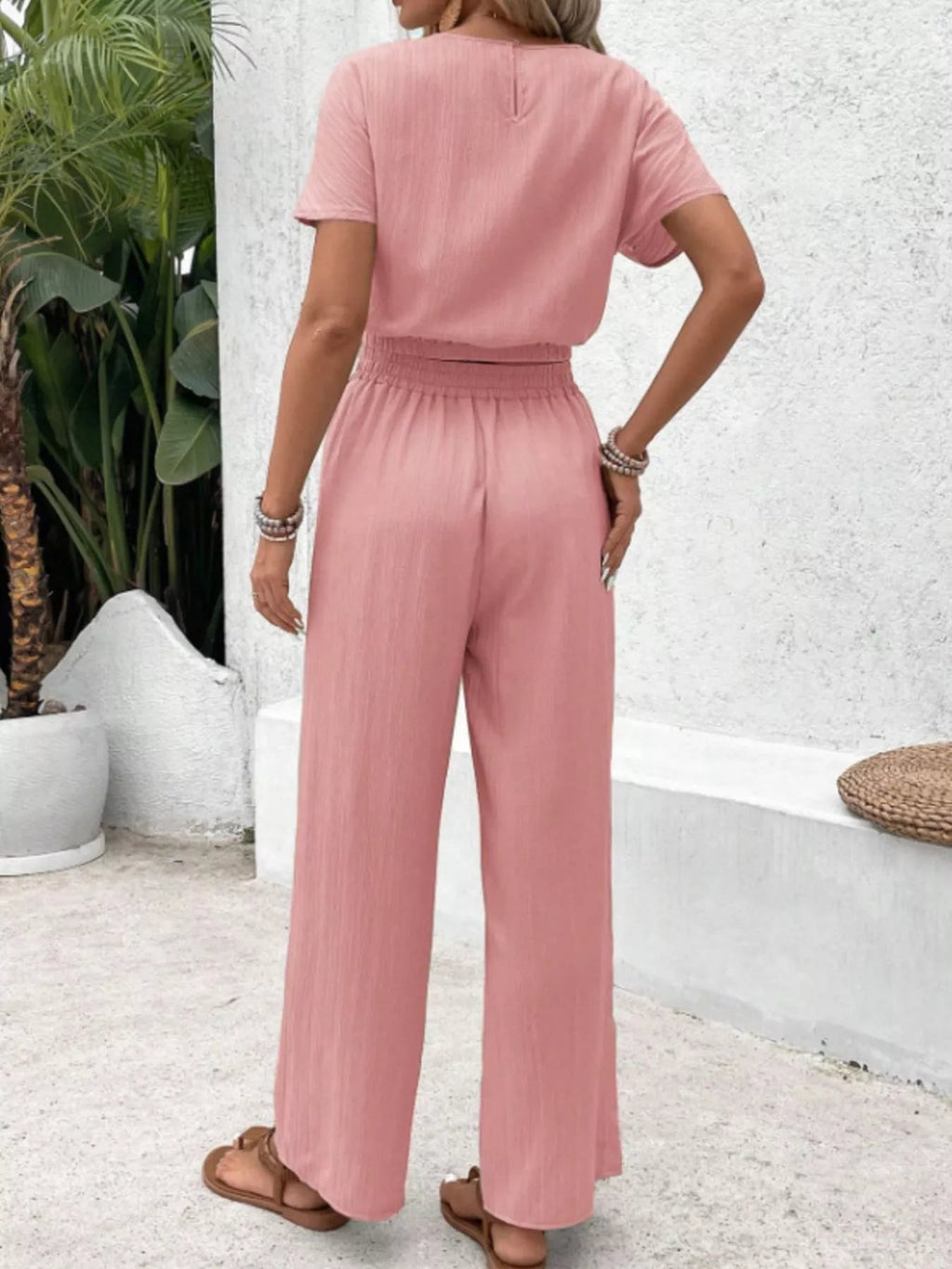Round Neck Short Sleeve Top and Pants Set - Goddess Vibes