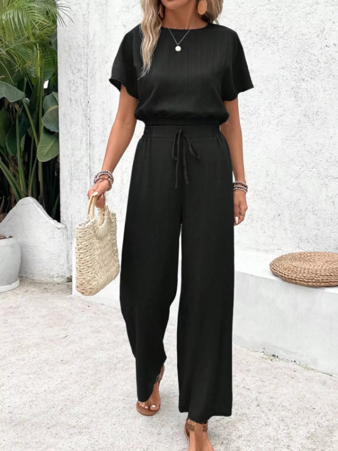 Round Neck Short Sleeve Top and Pants Set - Goddess Vibes