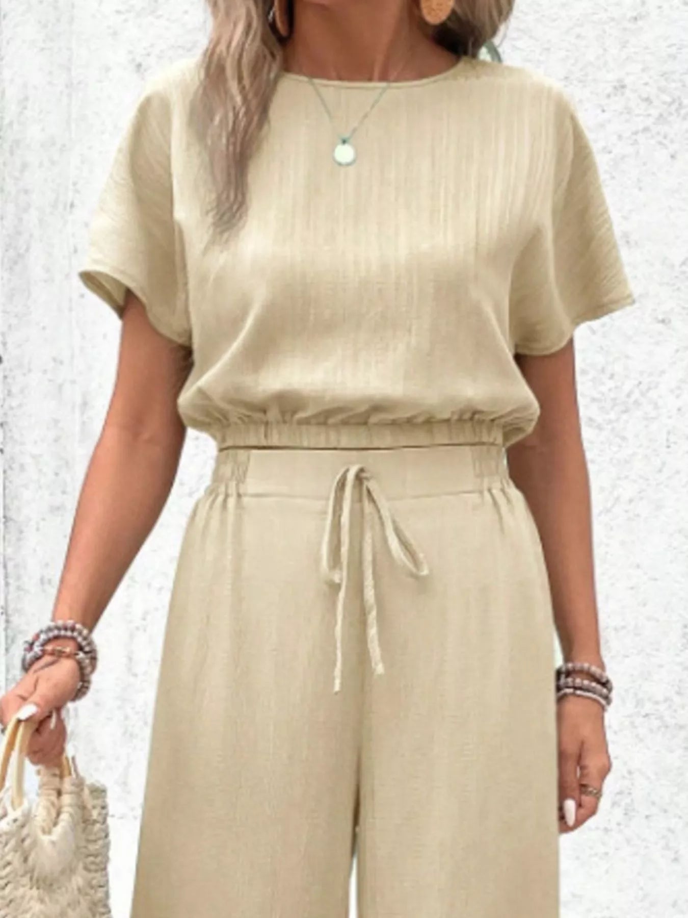 Round Neck Short Sleeve Top and Pants Set - Goddess Vibes