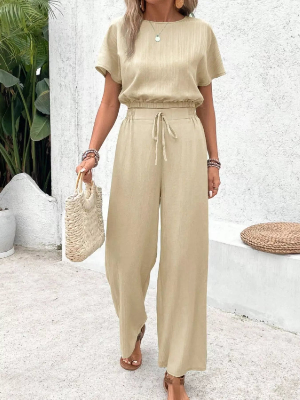 Round Neck Short Sleeve Top and Pants Set - Goddess Vibes