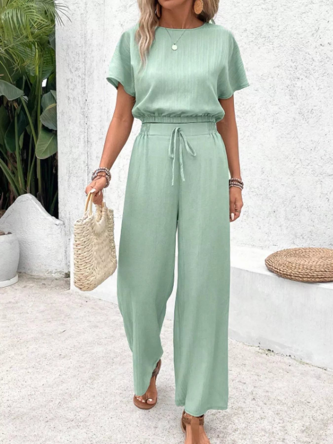 Round Neck Short Sleeve Top and Pants Set - Goddess Vibes