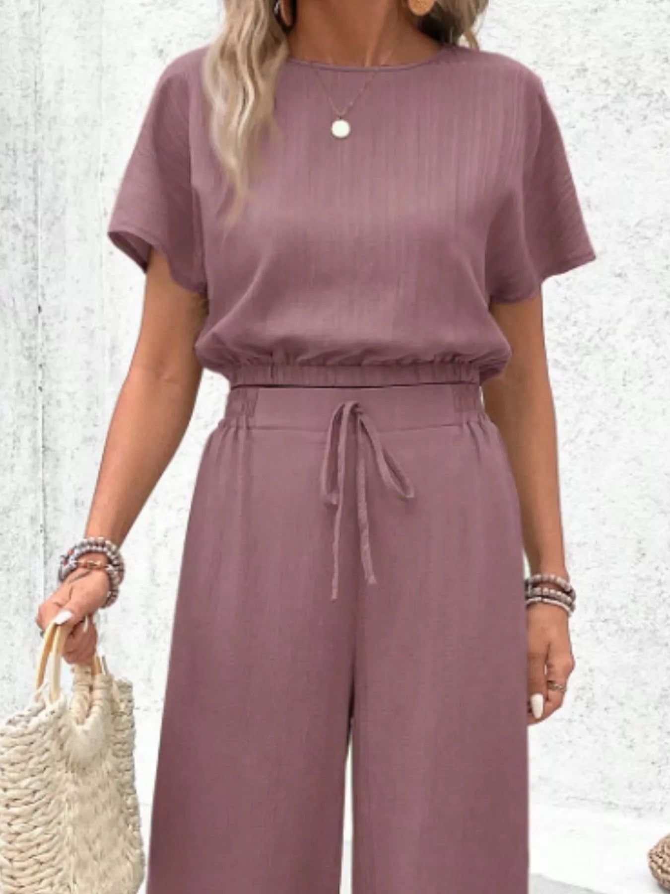 Round Neck Short Sleeve Top and Pants Set - Goddess Vibes