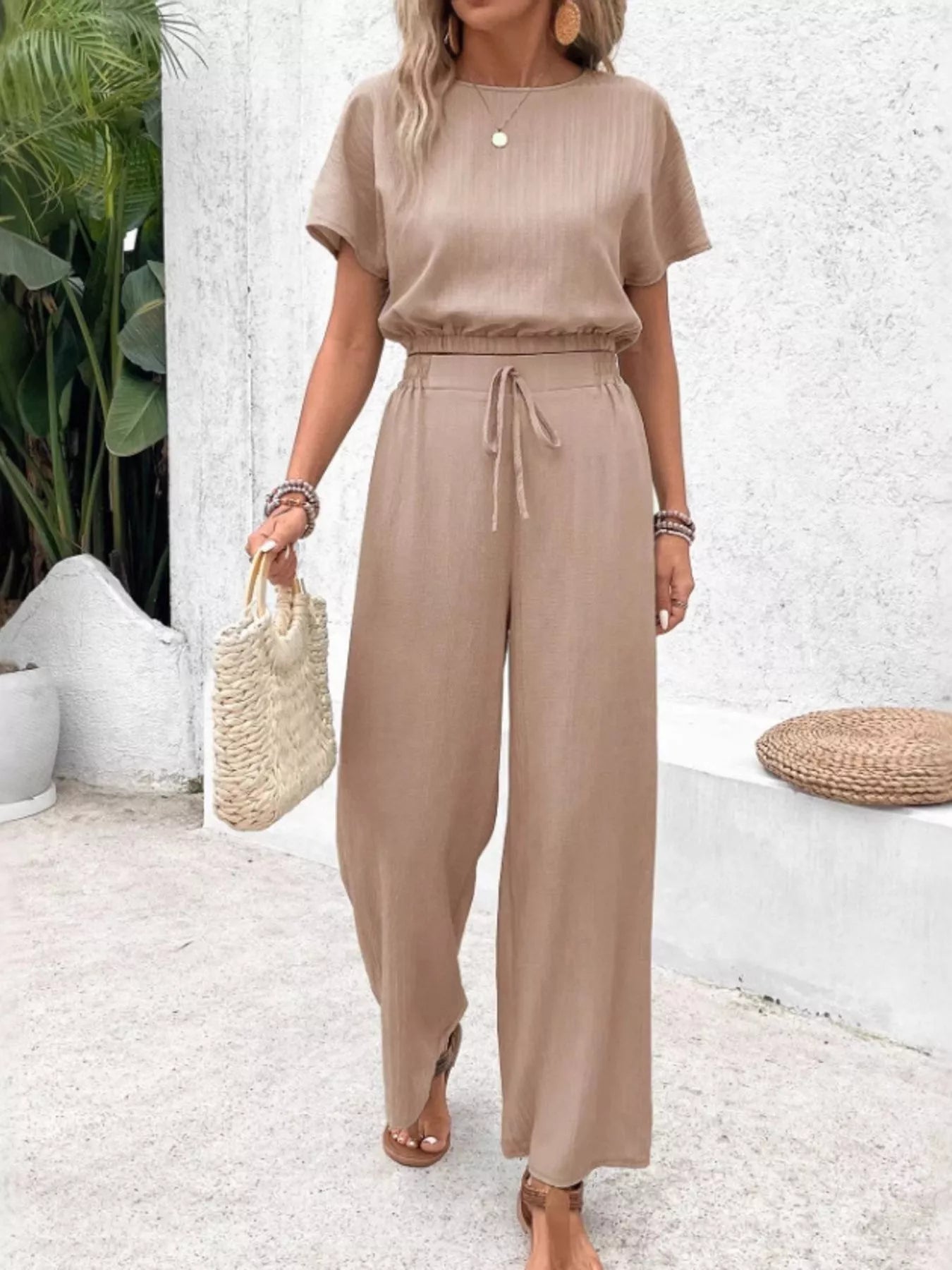 Round Neck Short Sleeve Top and Pants Set - Goddess Vibes