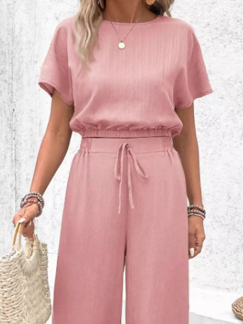 Round Neck Short Sleeve Top and Pants Set - Goddess Vibes
