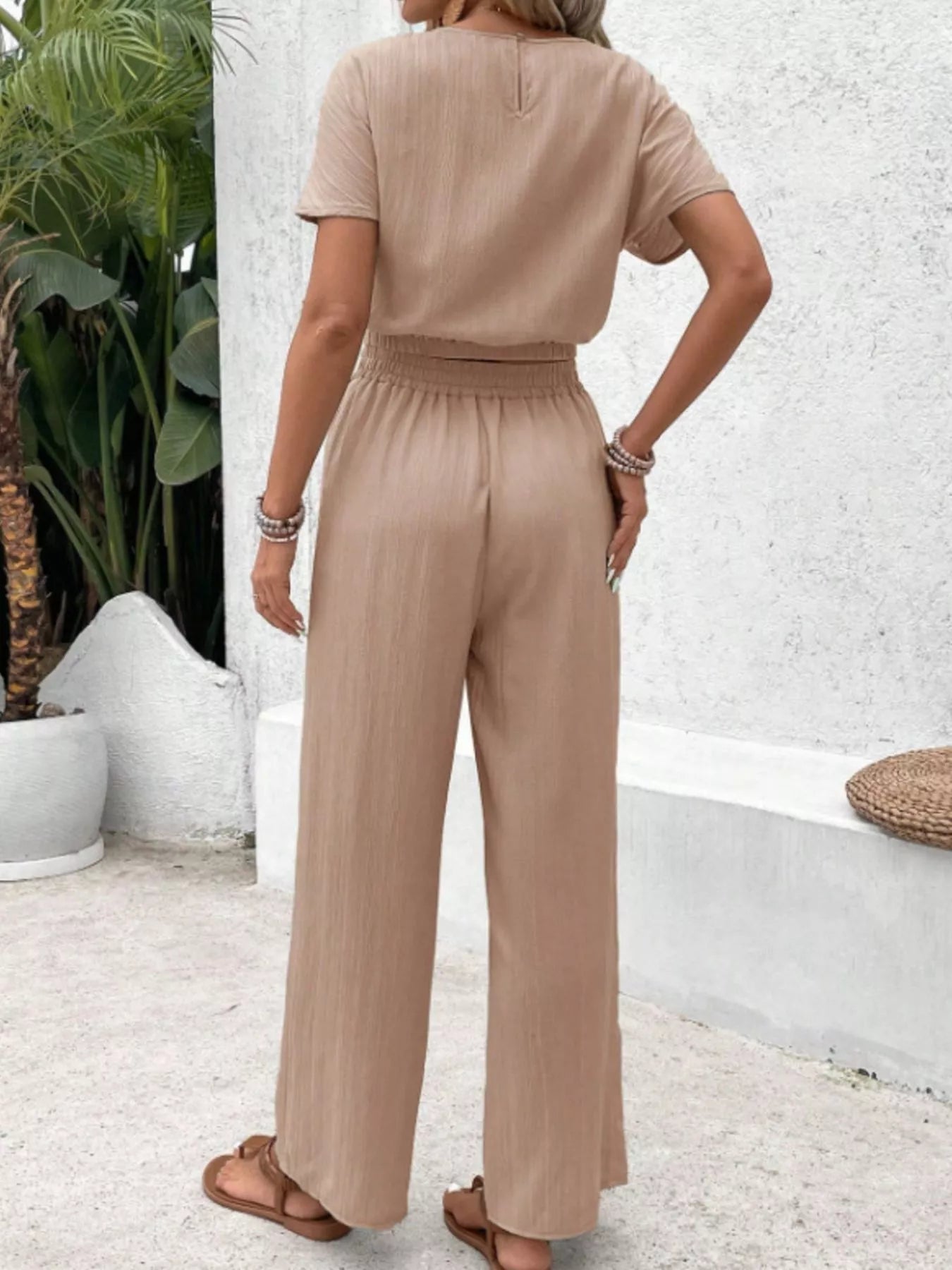 Round Neck Short Sleeve Top and Pants Set - Goddess Vibes