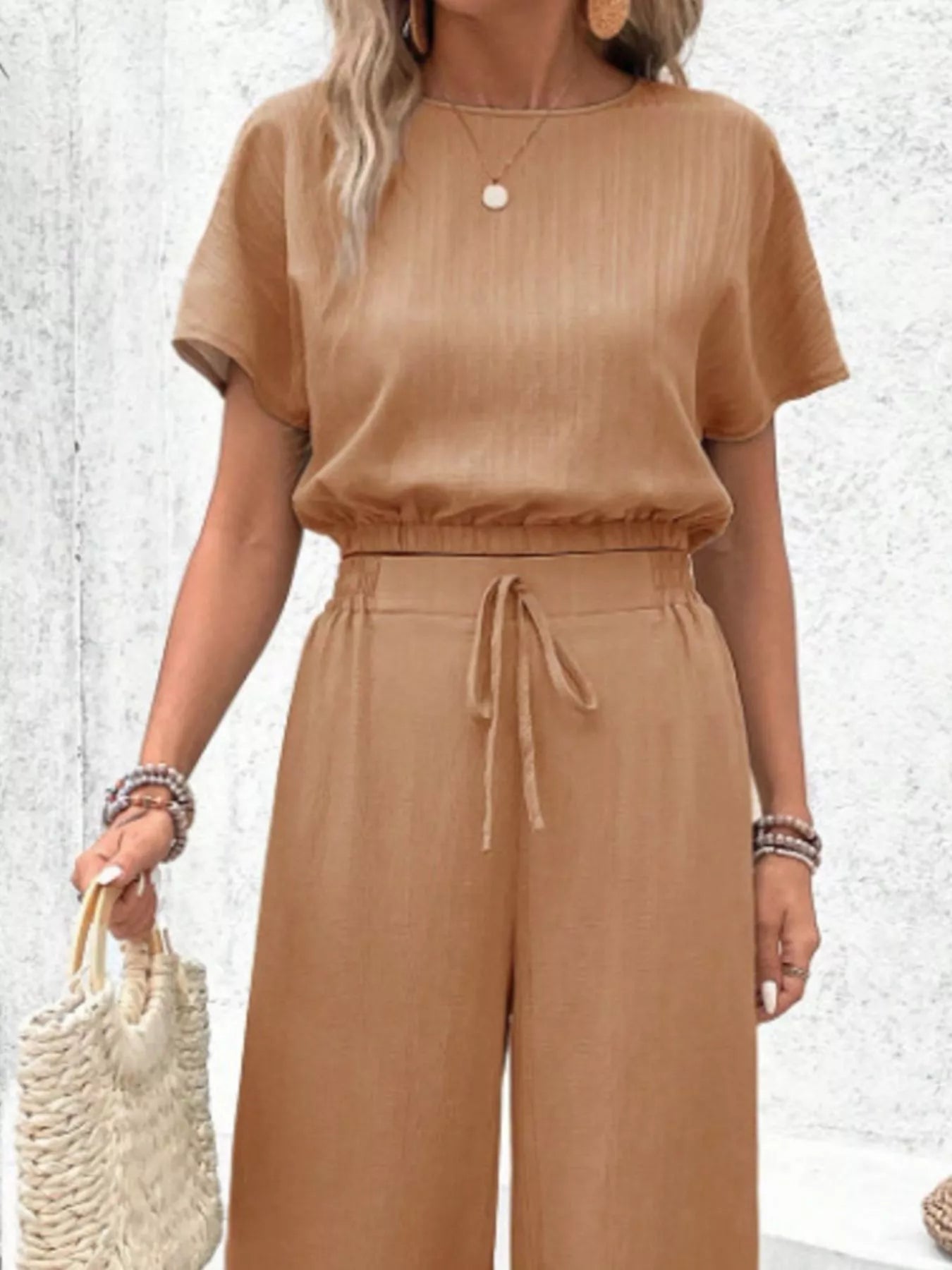 Round Neck Short Sleeve Top and Pants Set - Goddess Vibes