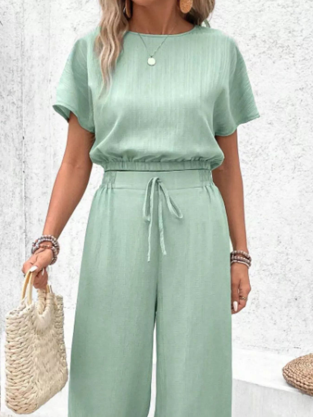 Round Neck Short Sleeve Top and Pants Set - Goddess Vibes