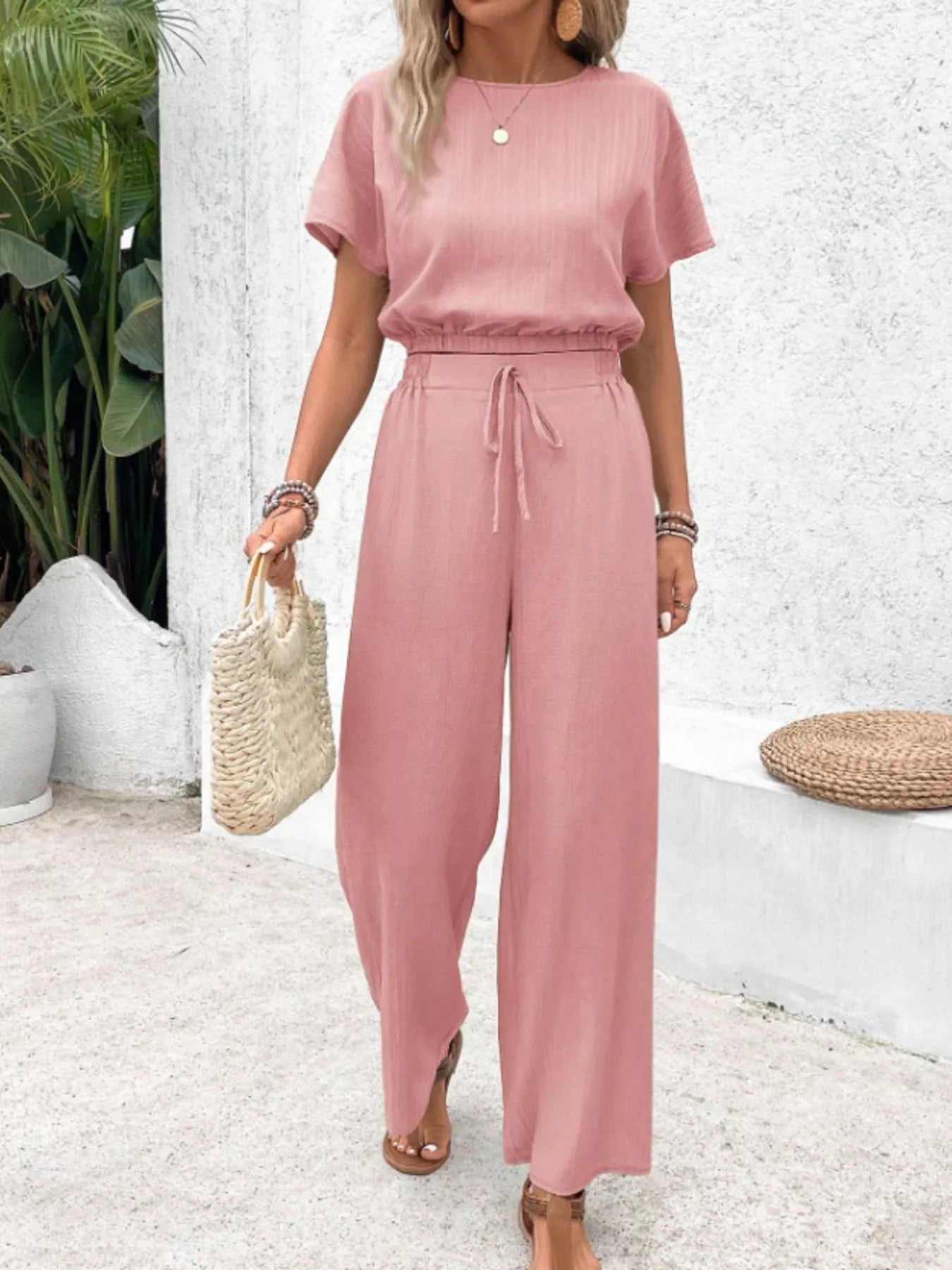 Round Neck Short Sleeve Top and Pants Set - Goddess Vibes