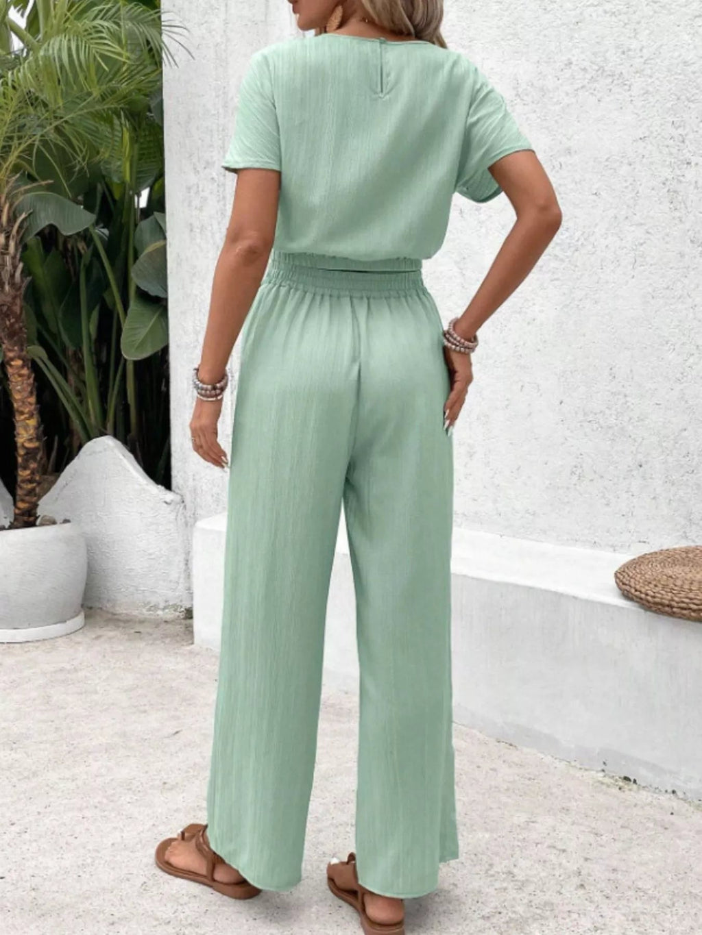 Round Neck Short Sleeve Top and Pants Set - Goddess Vibes