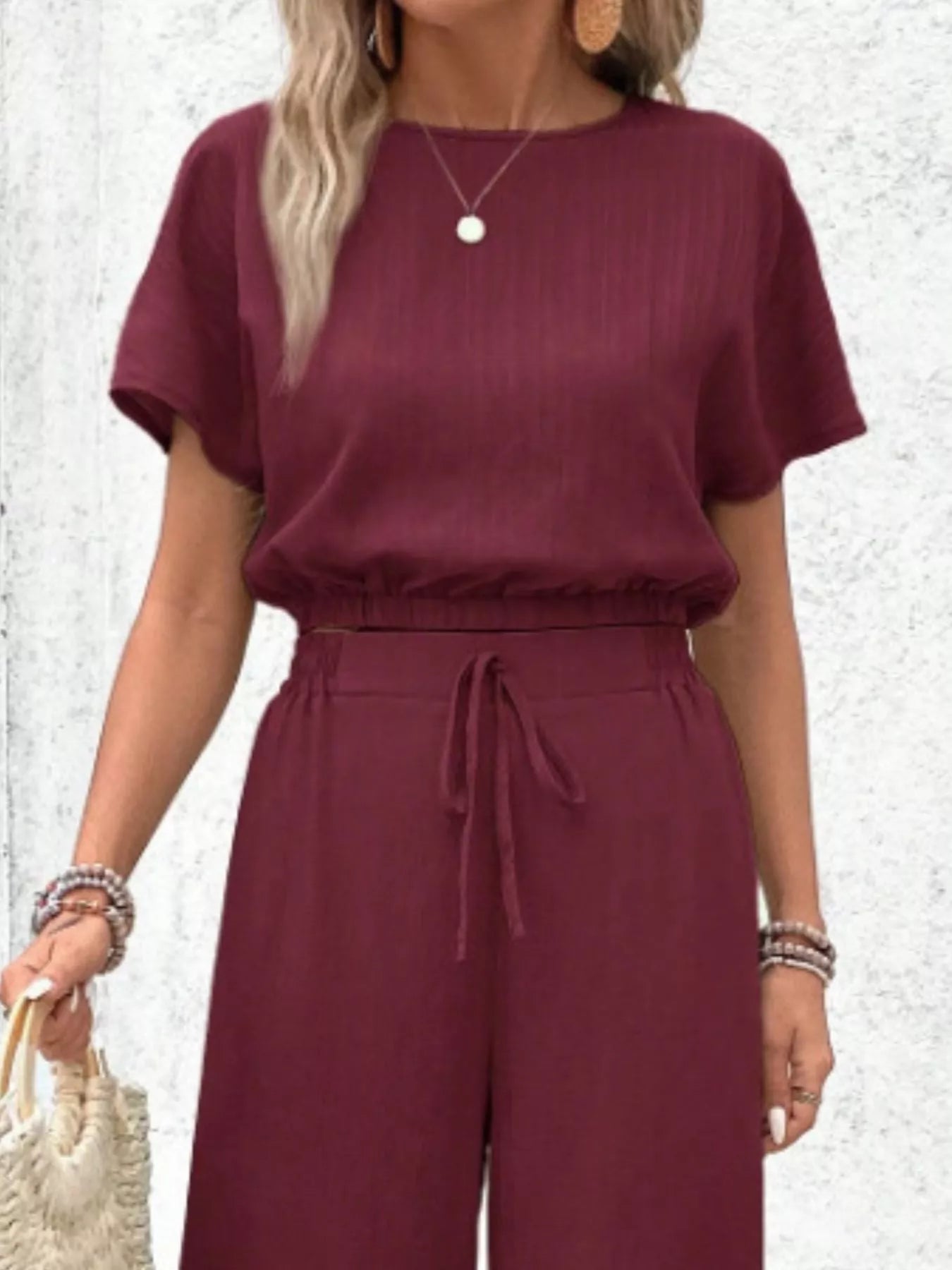 Round Neck Short Sleeve Top and Pants Set - Goddess Vibes