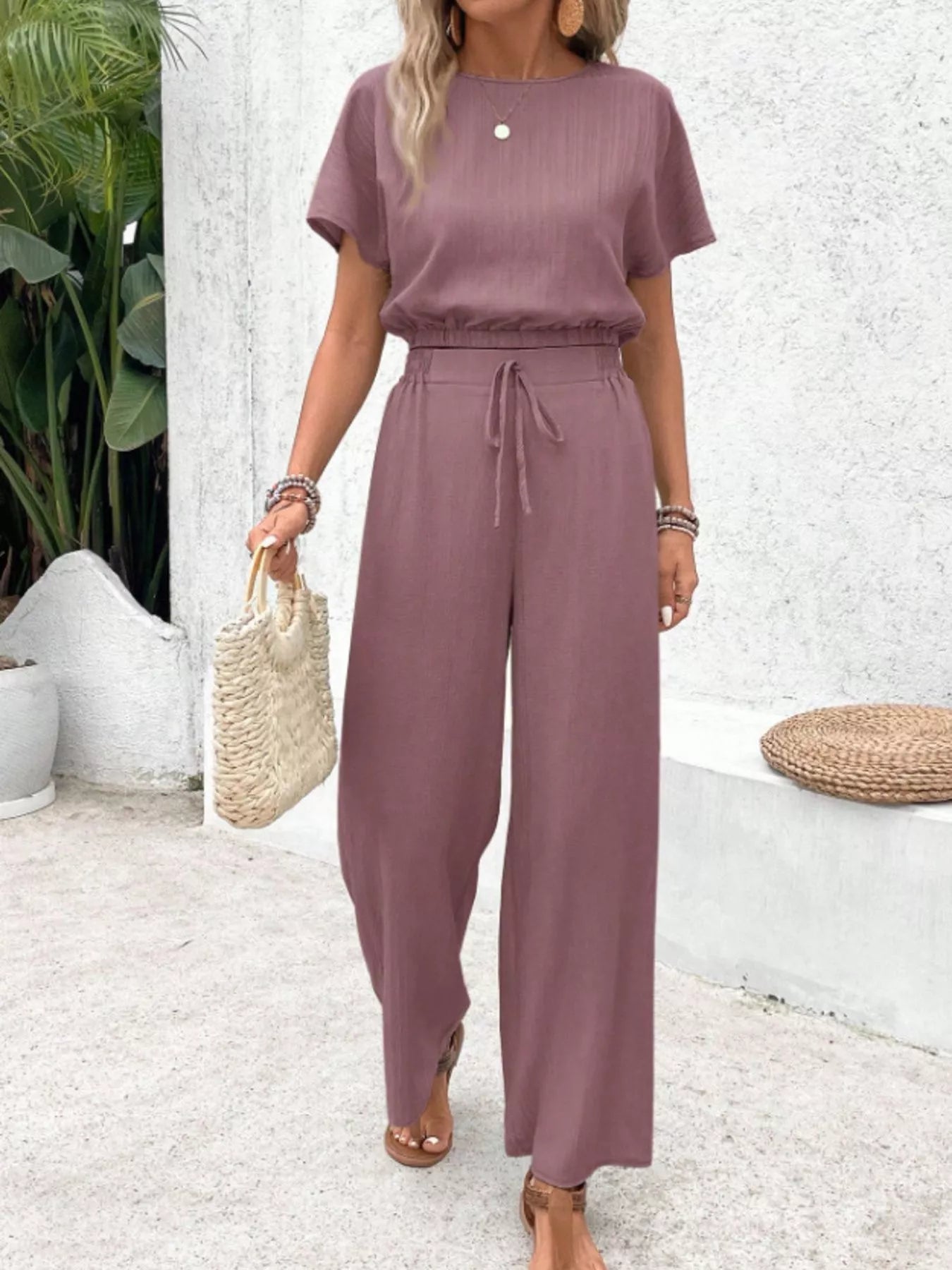 Round Neck Short Sleeve Top and Pants Set - Goddess Vibes