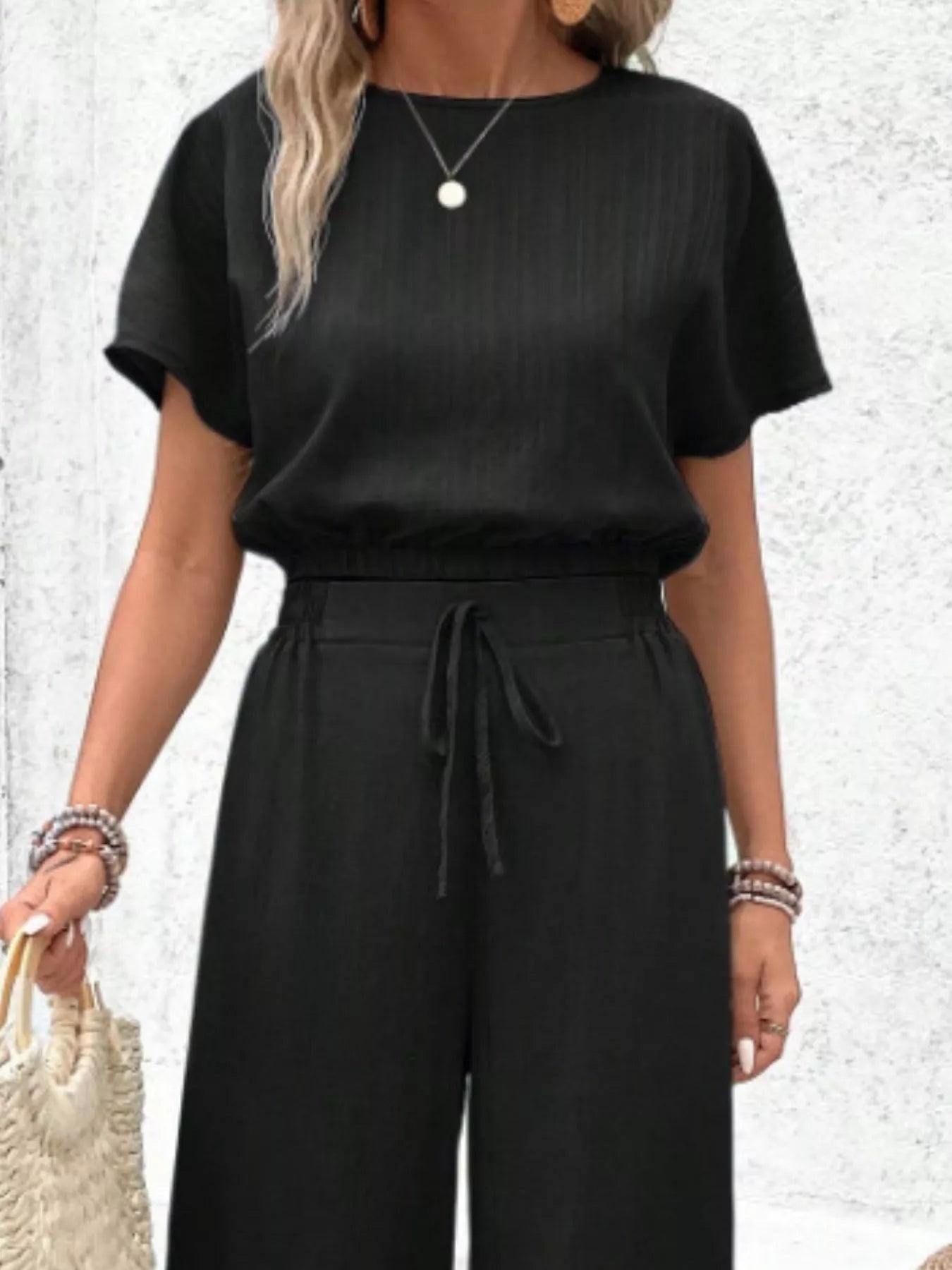 Round Neck Short Sleeve Top and Pants Set - Goddess Vibes