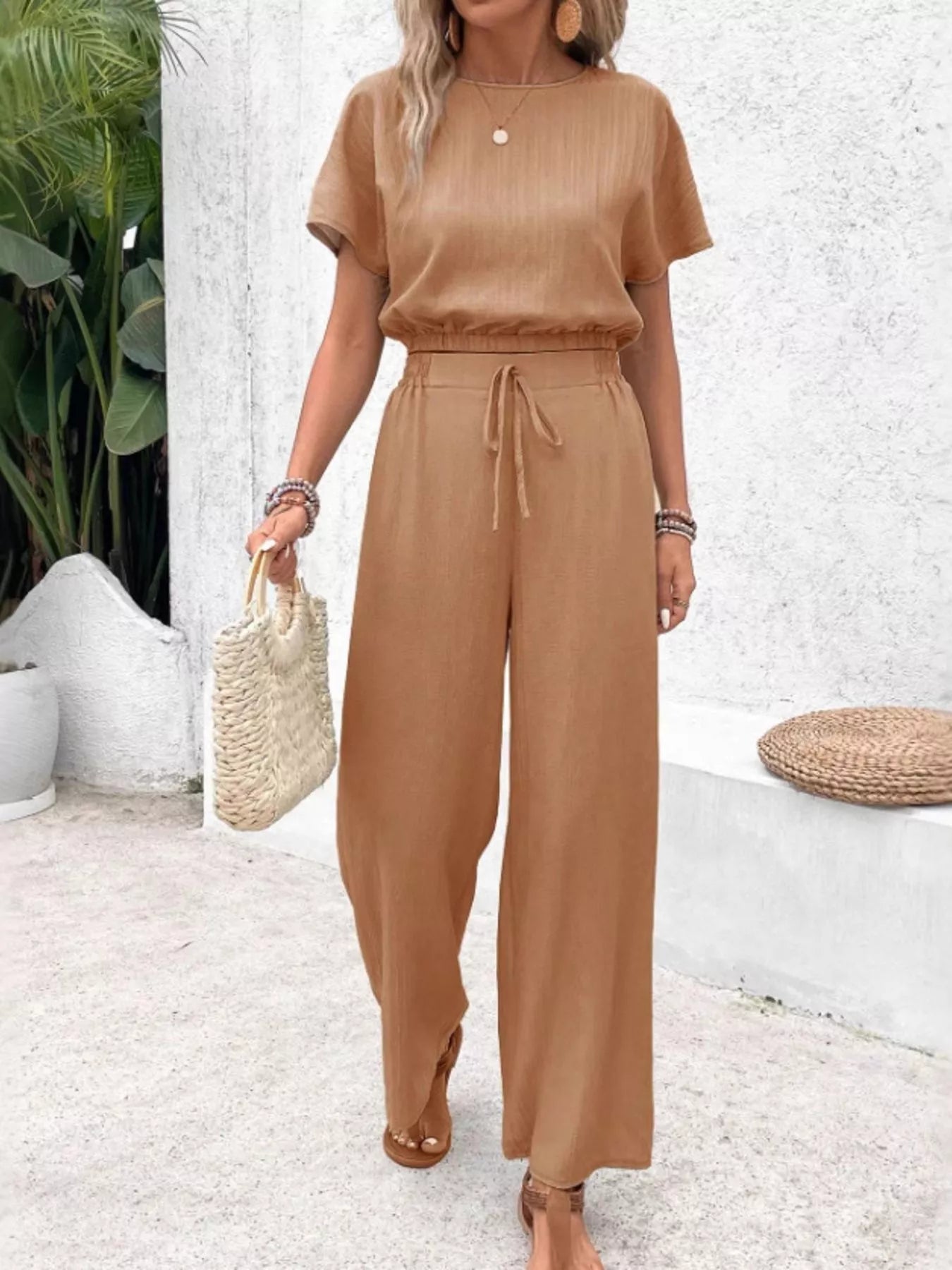 Round Neck Short Sleeve Top and Pants Set - Goddess Vibes