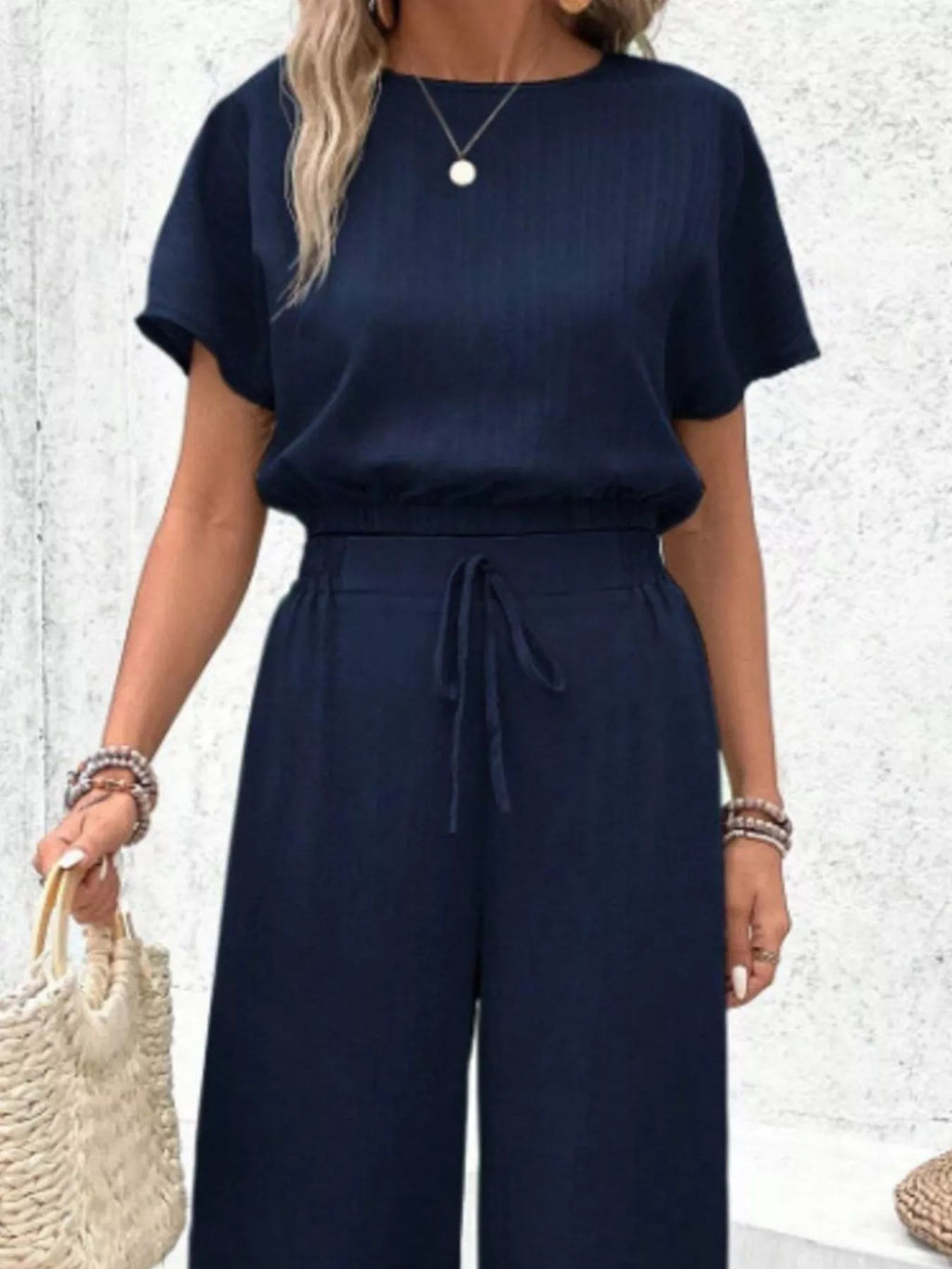 Round Neck Short Sleeve Top and Pants Set - Goddess Vibes