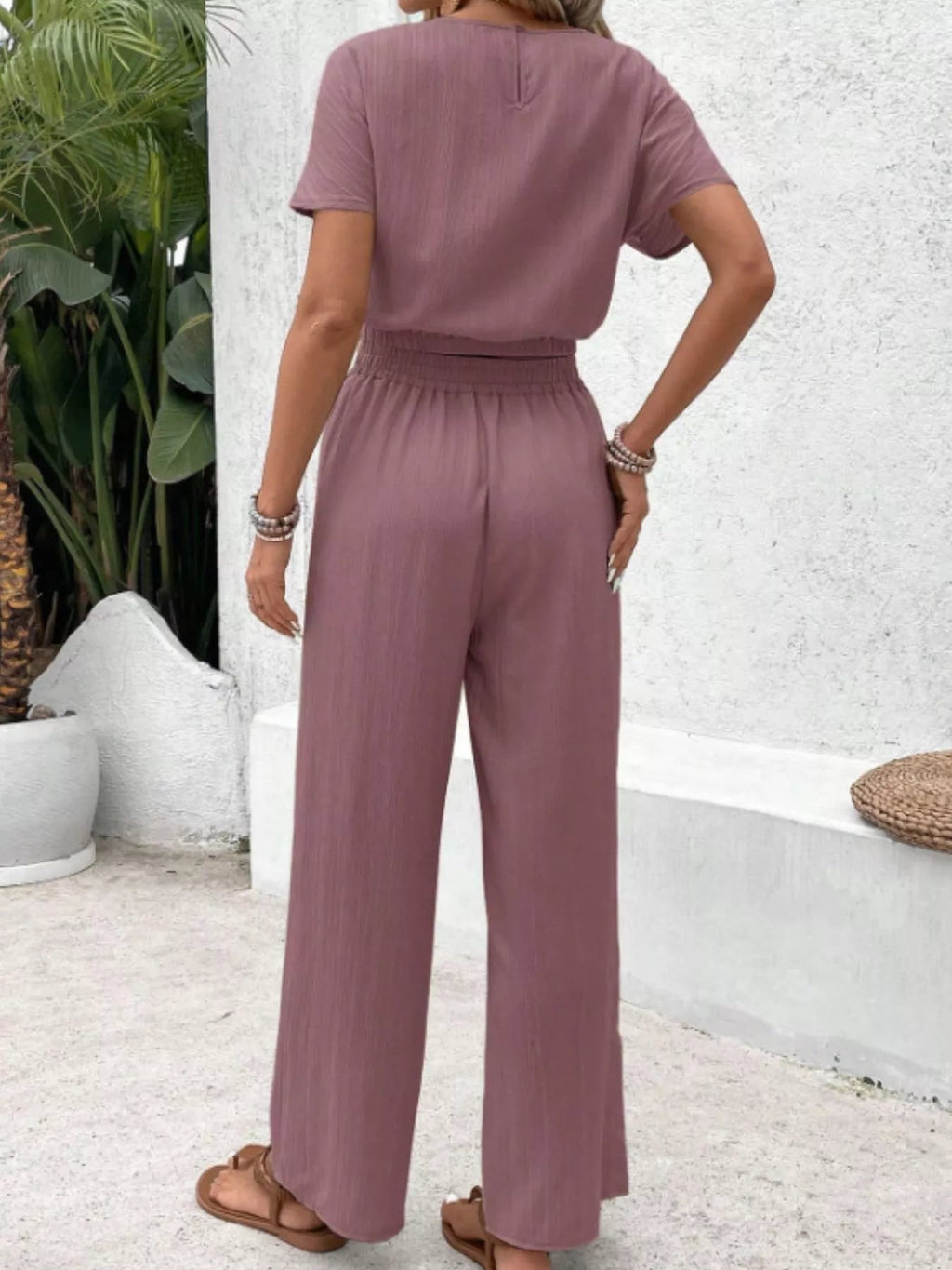 Round Neck Short Sleeve Top and Pants Set - Goddess Vibes