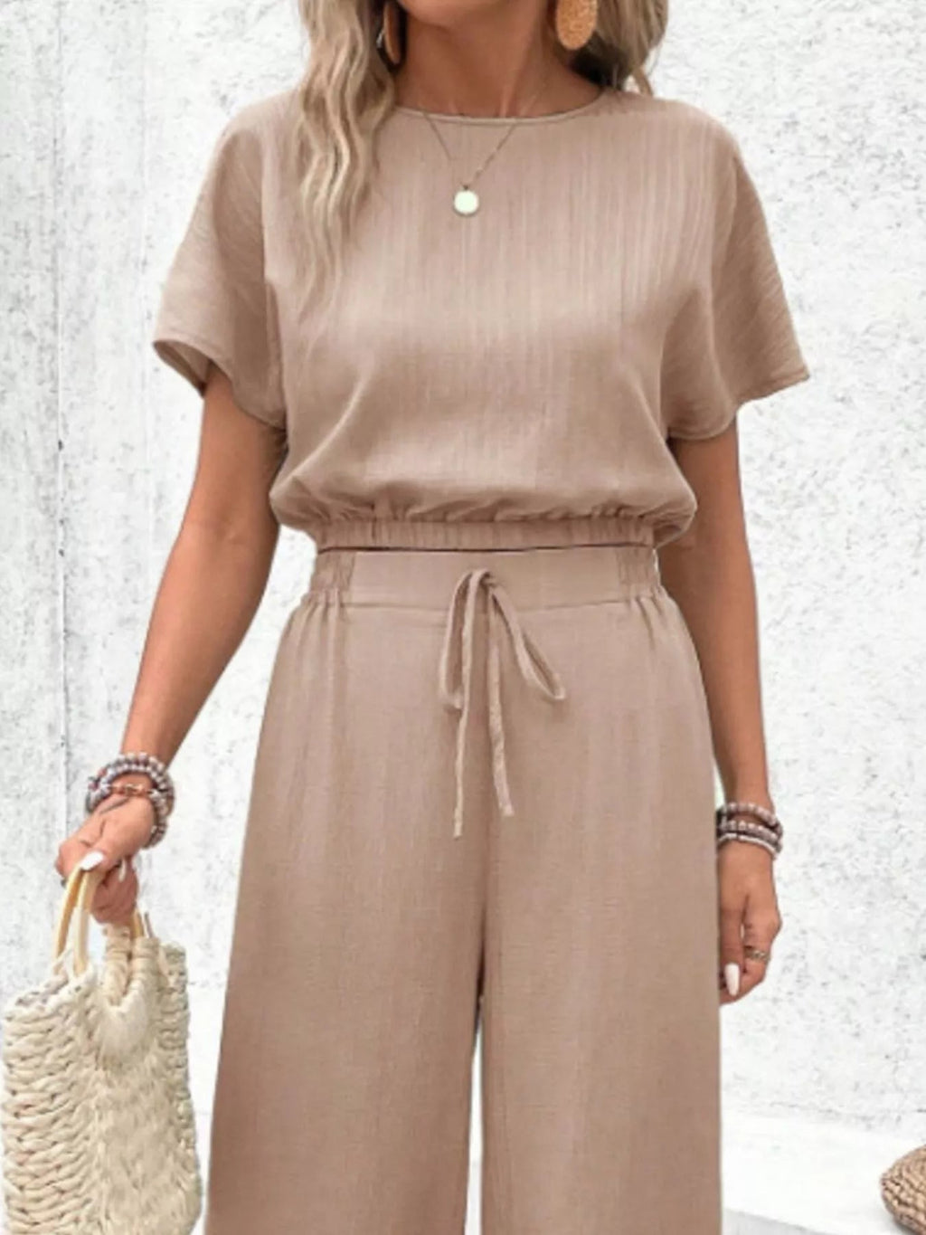 Round Neck Short Sleeve Top and Pants Set - Goddess Vibes