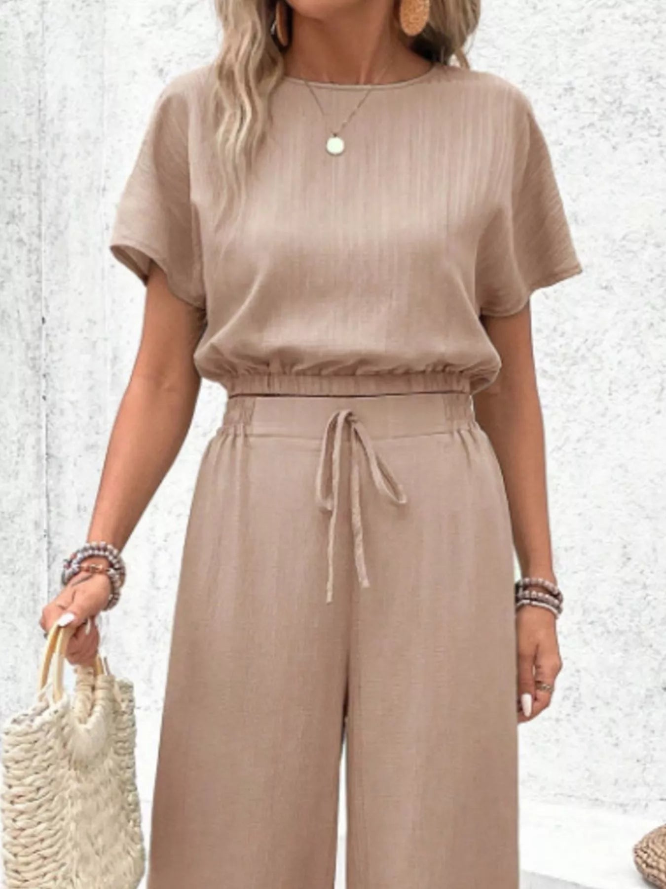 Round Neck Short Sleeve Top and Pants Set - Goddess Vibes