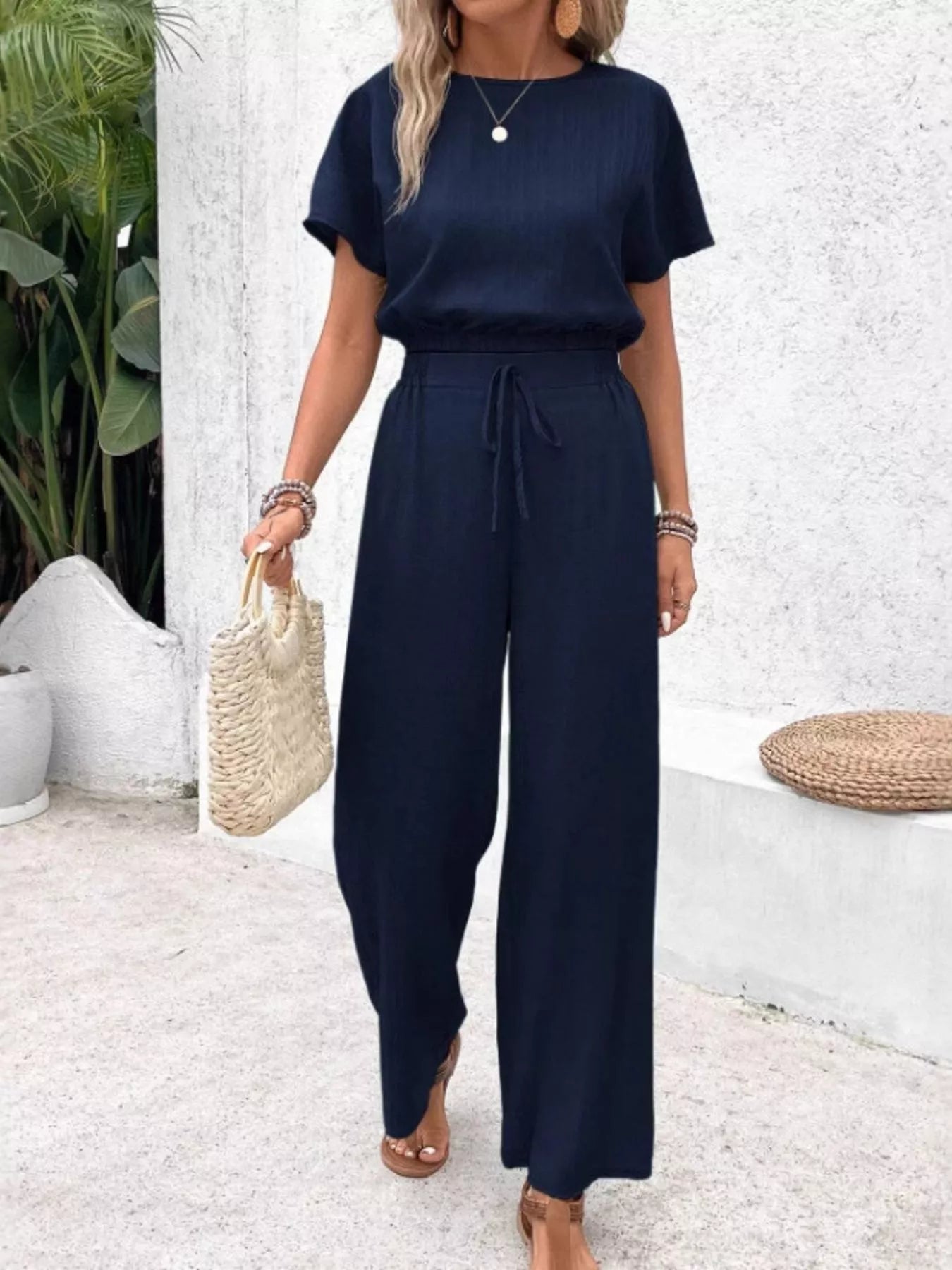 Round Neck Short Sleeve Top and Pants Set - Goddess Vibes