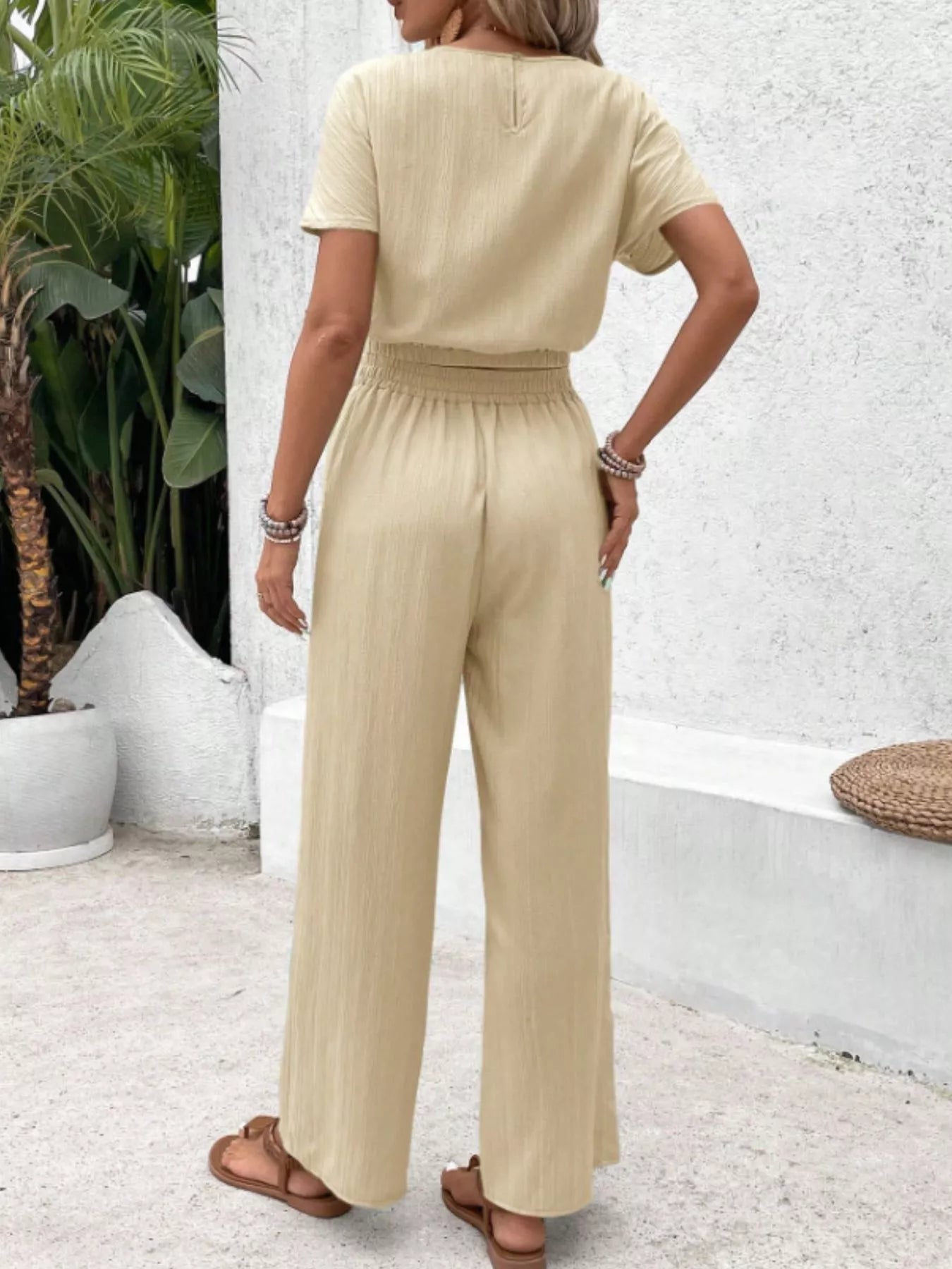 Round Neck Short Sleeve Top and Pants Set - Goddess Vibes