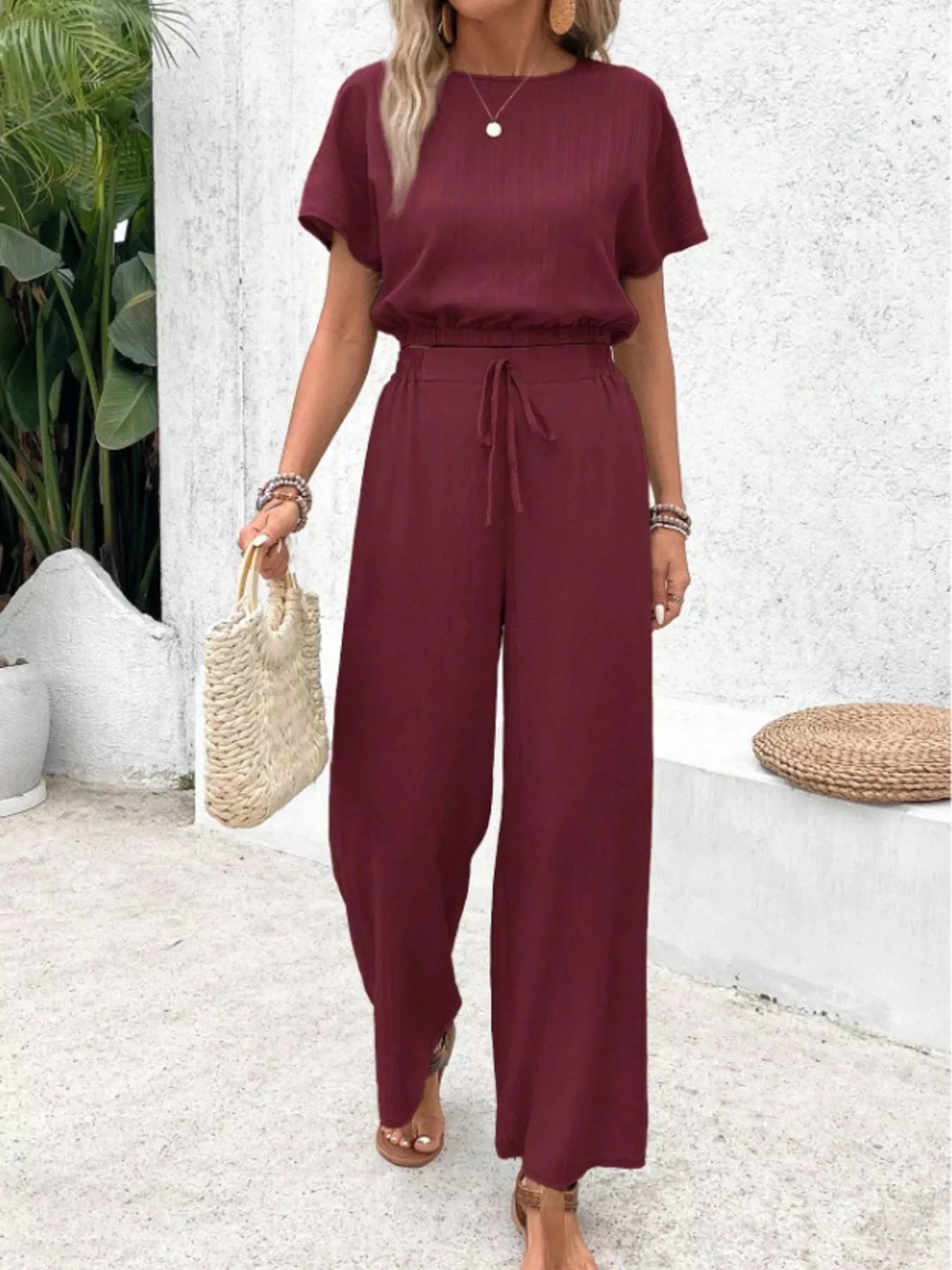 Round Neck Short Sleeve Top and Pants Set - Goddess Vibes