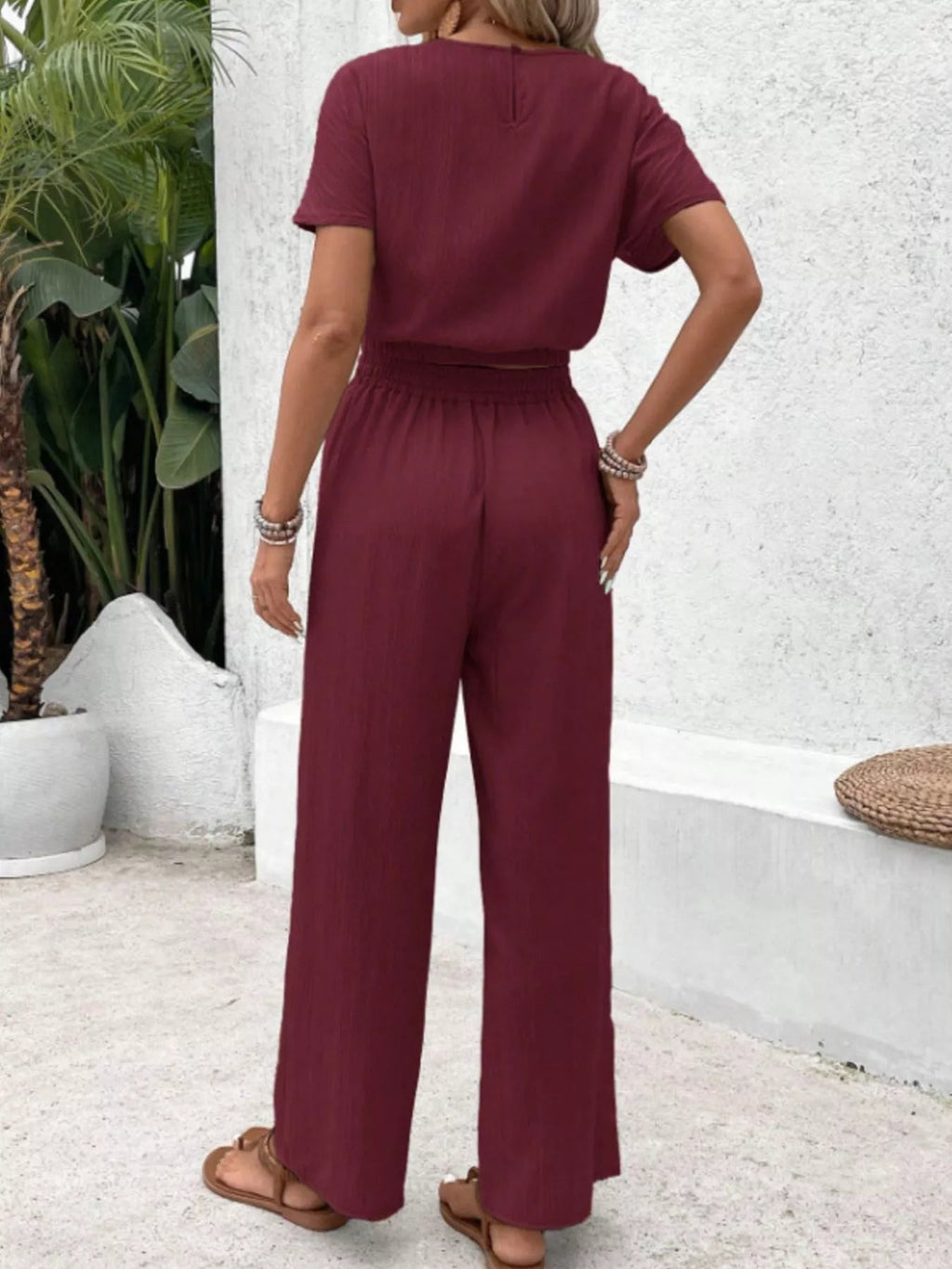 Round Neck Short Sleeve Top and Pants Set - Goddess Vibes