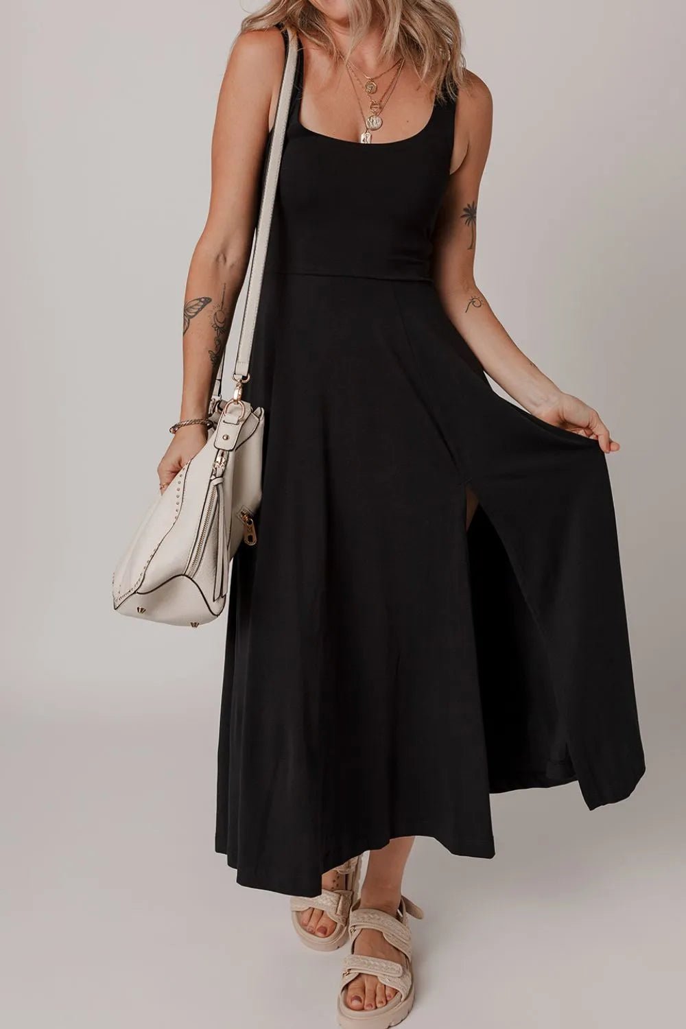 Side Slit Scoop Neck Wide Strap Dress - Goddess Vibes